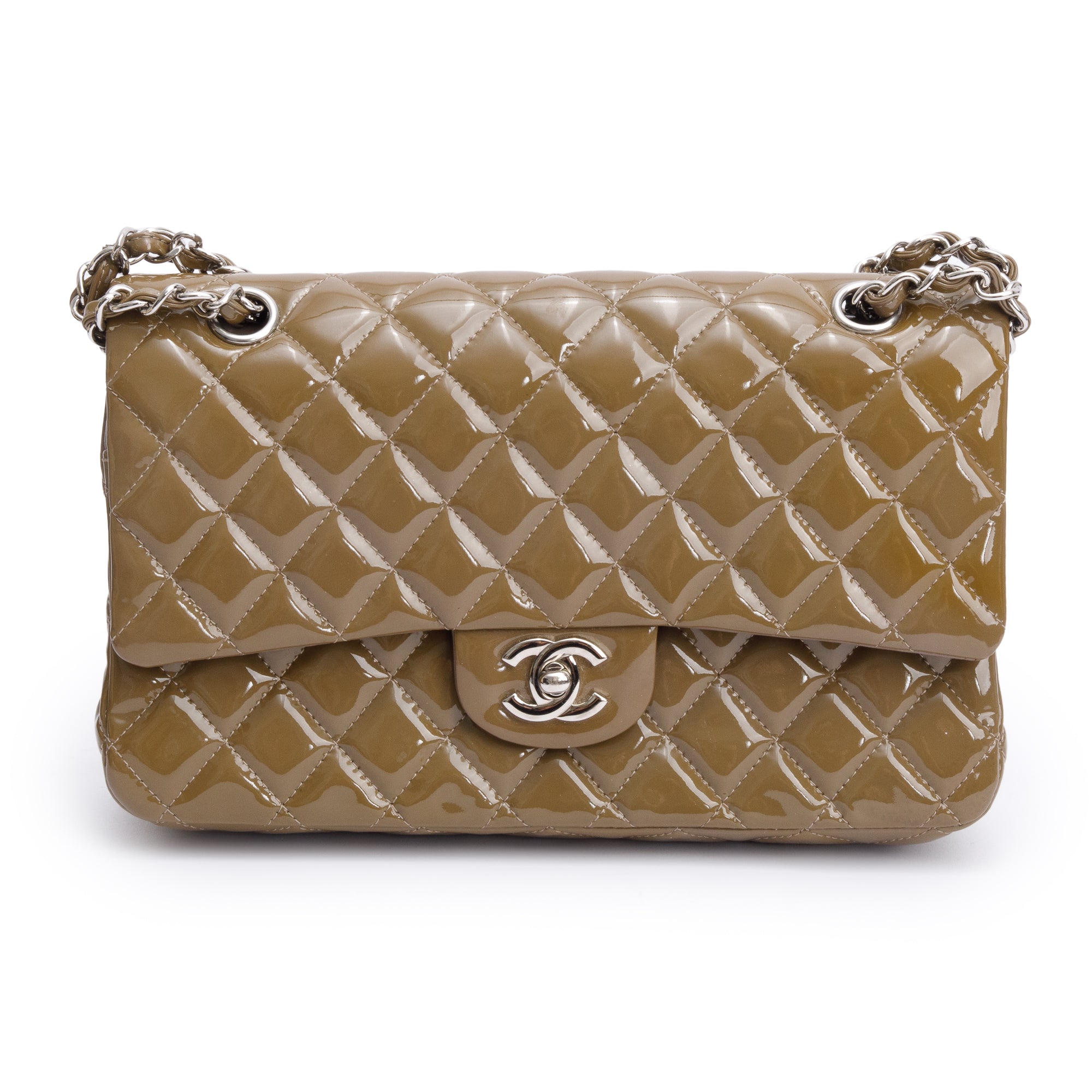 Chanel Brown Quilted Patent Leather Classic Medium Double Flap Bag