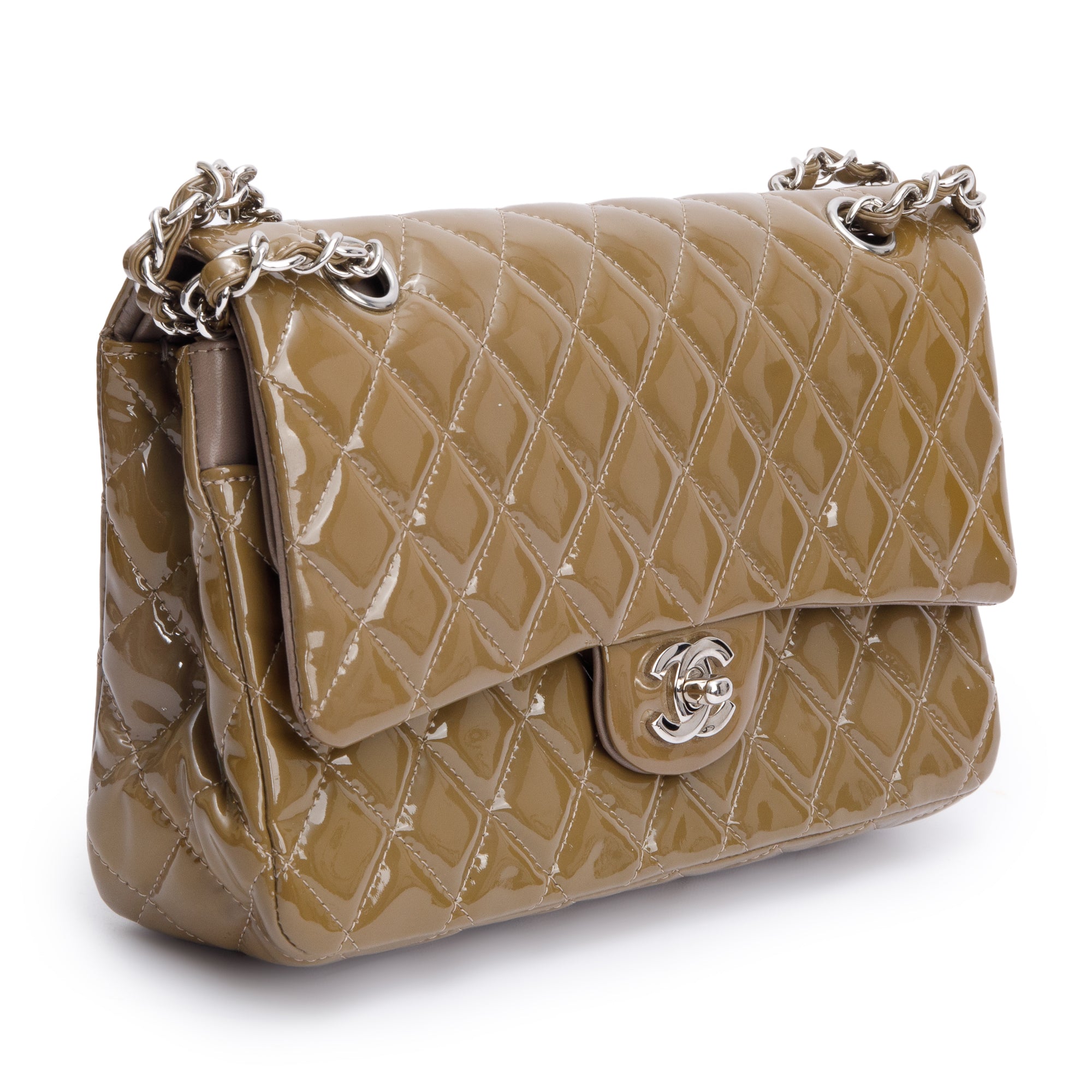 Chanel Brown Quilted Patent Leather Classic Medium Double Flap Bag