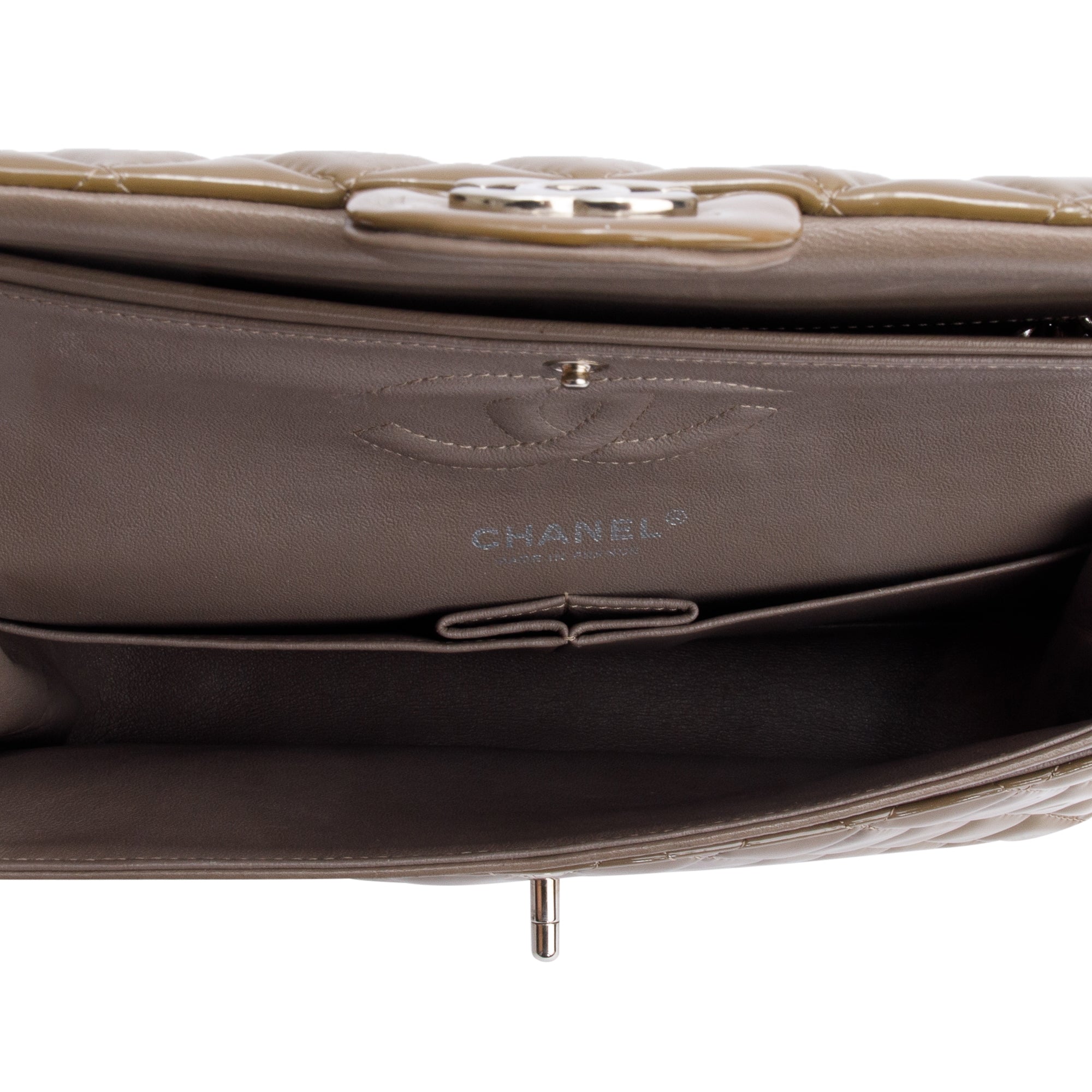 Chanel Brown Quilted Patent Leather Classic Medium Double Flap Bag