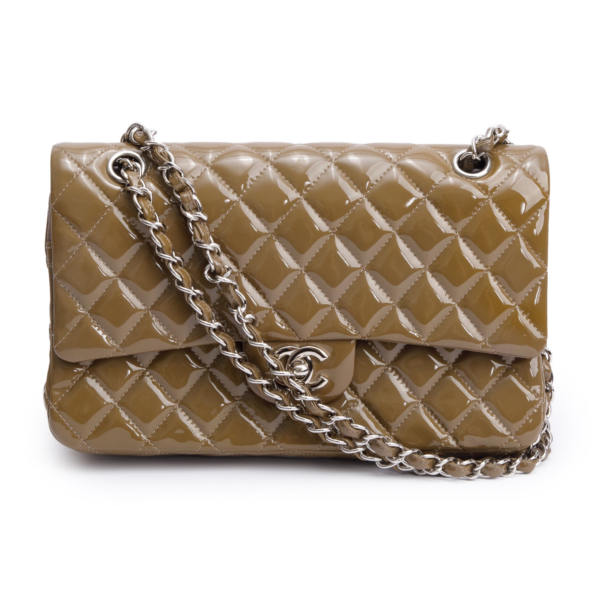 Chanel Brown Quilted Patent Leather Classic Medium Double Flap Bag
