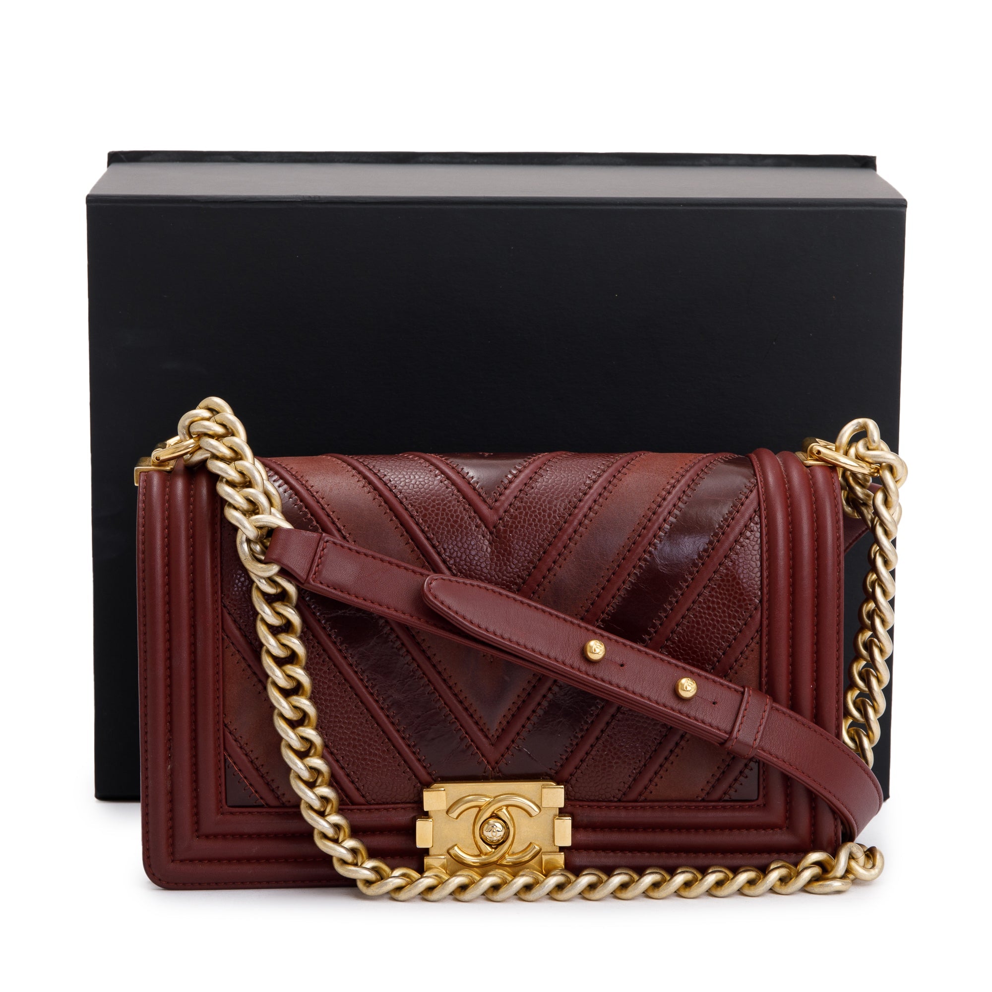 Chanel Burgundy Chevron Leather Medium Mix Boy Bag w/ Box, Receipt & Authenticity Card