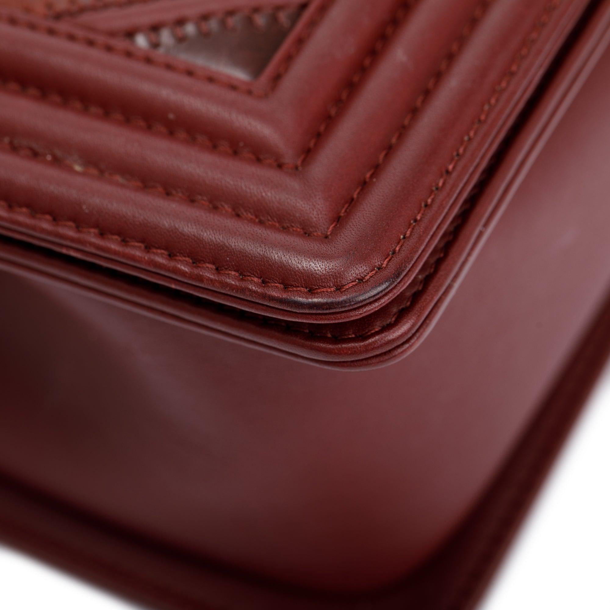Chanel Burgundy Chevron Leather Medium Mix Boy Bag w/ Box, Receipt & Authenticity Card