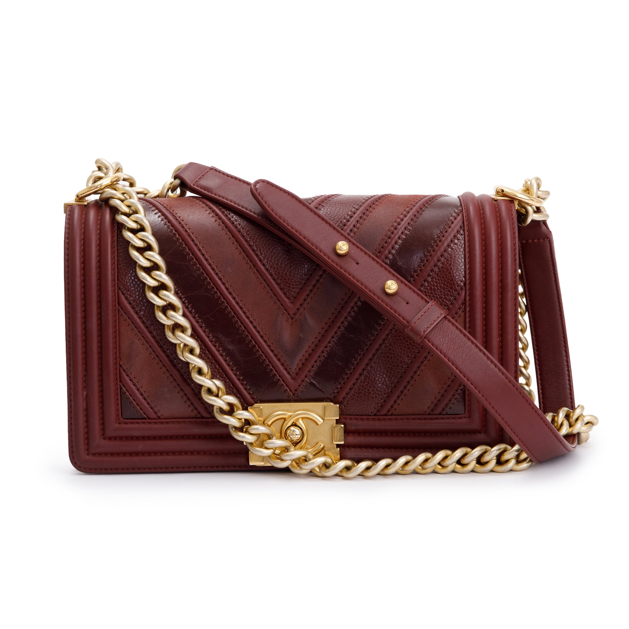 Chanel Burgundy Chevron Leather Medium Mix Boy Bag w/ Box, Receipt & Authenticity Card
