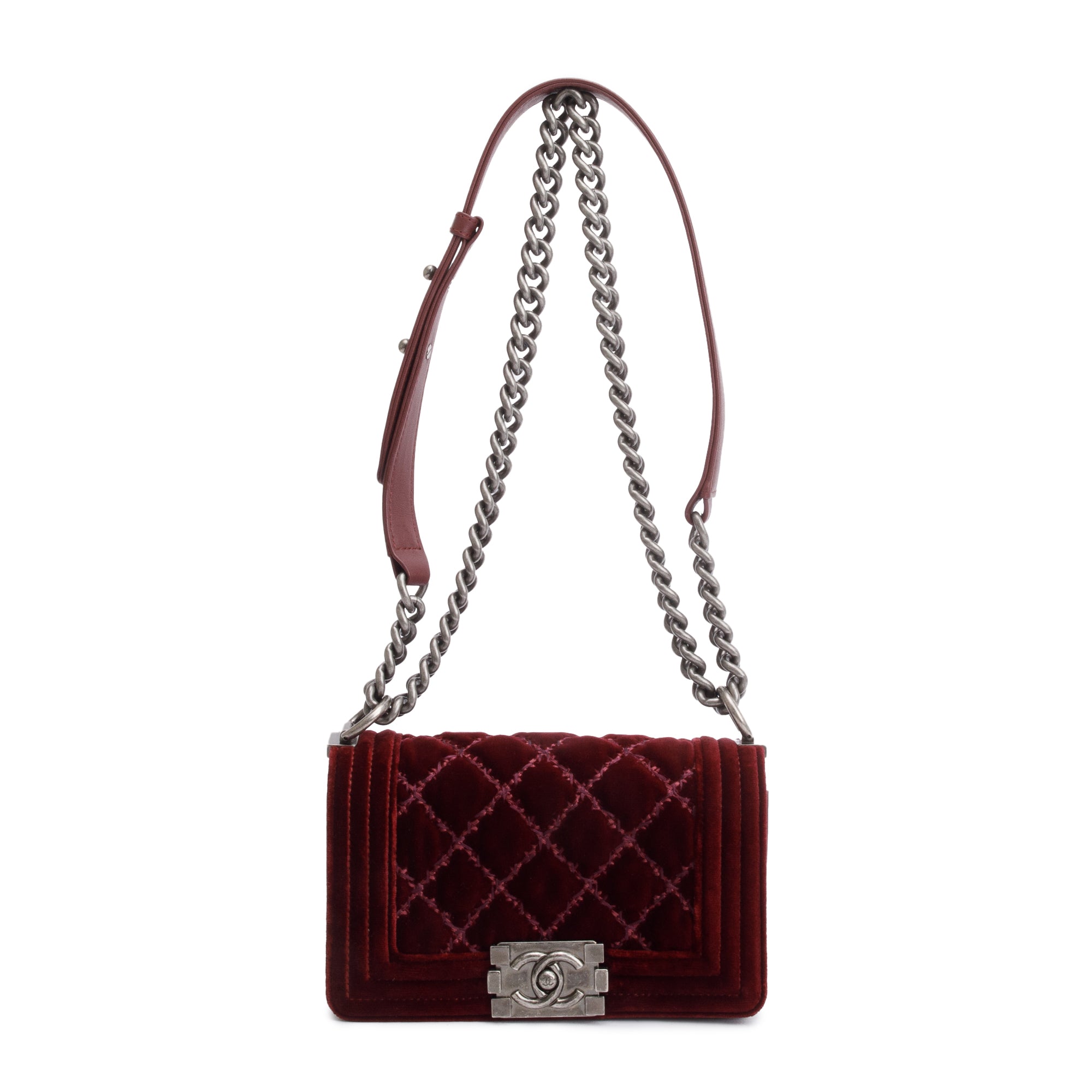Chanel Burgundy Quilted Velvet Small Boy Bag w/ Box & Authenticity Card