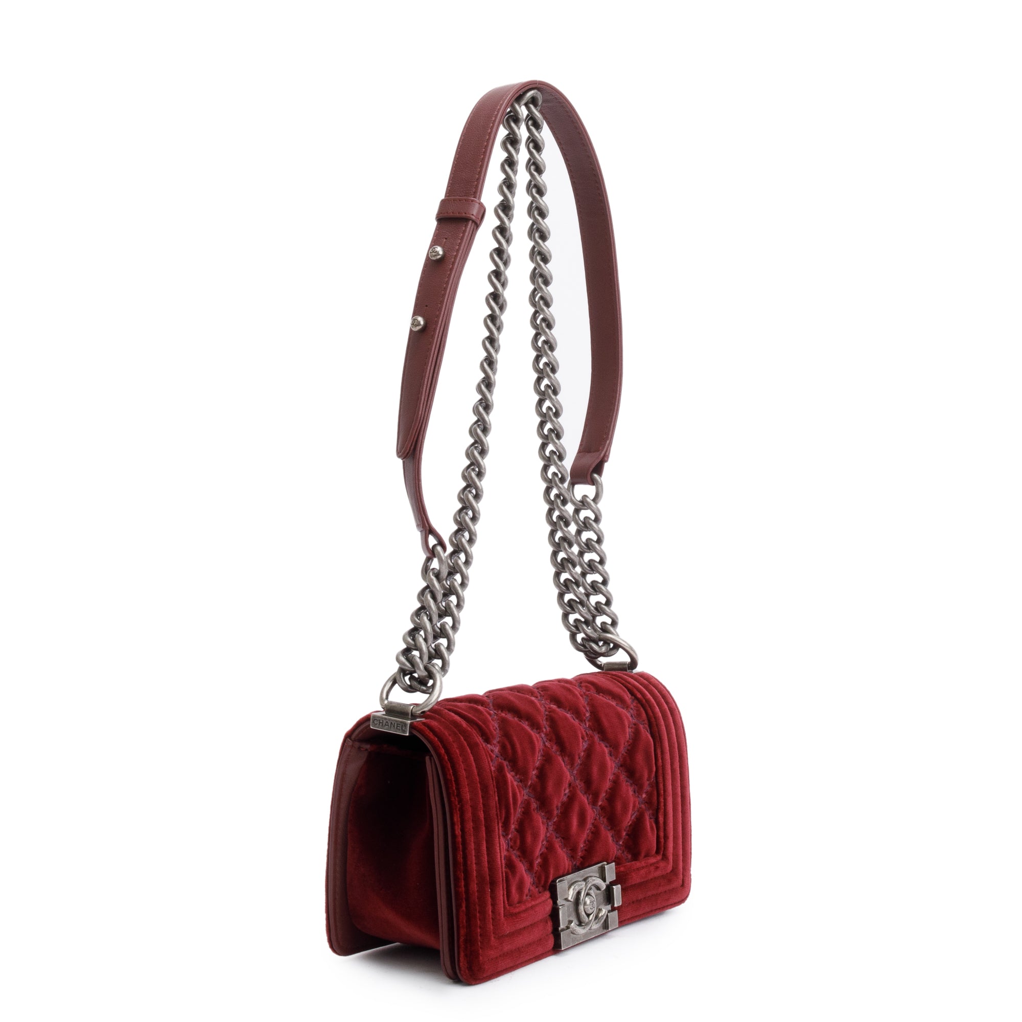 Chanel Burgundy Quilted Velvet Small Boy Bag w/ Box & Authenticity Card