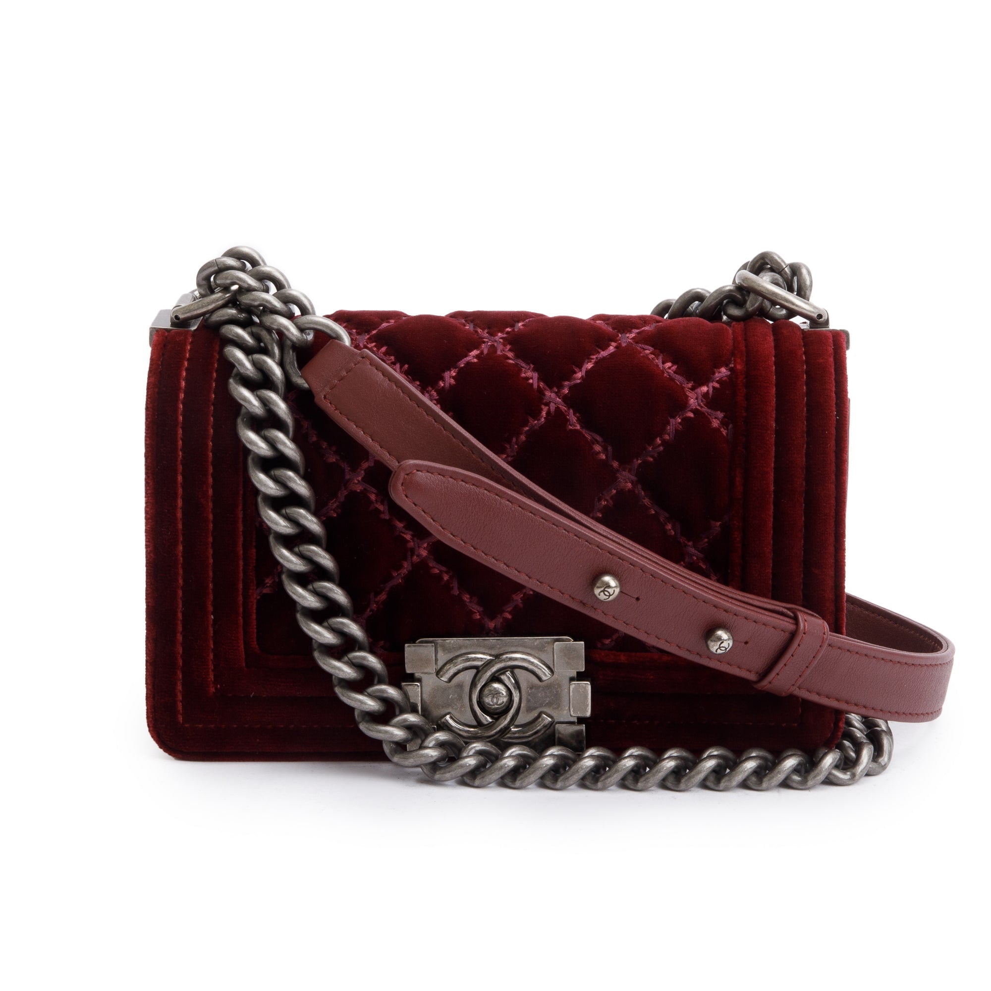 Chanel Burgundy Quilted Velvet Small Boy Bag w/ Box & Authenticity Card