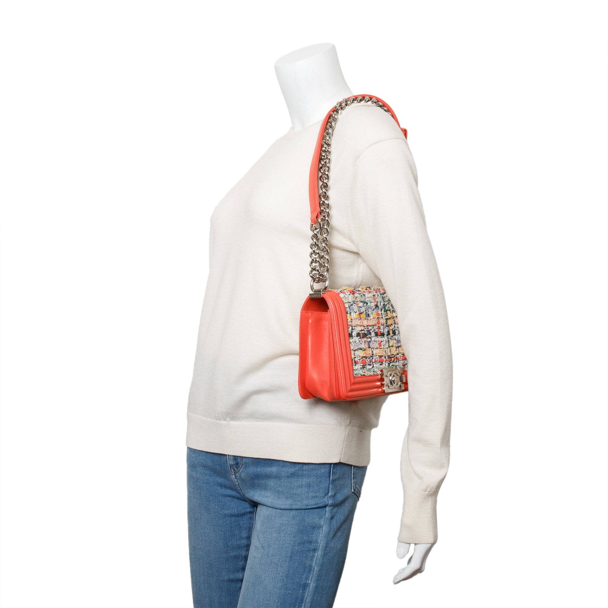 Chanel Coral Calfskin Leather Tweed Medium Boy Bag w/ Box & Authenticity Card