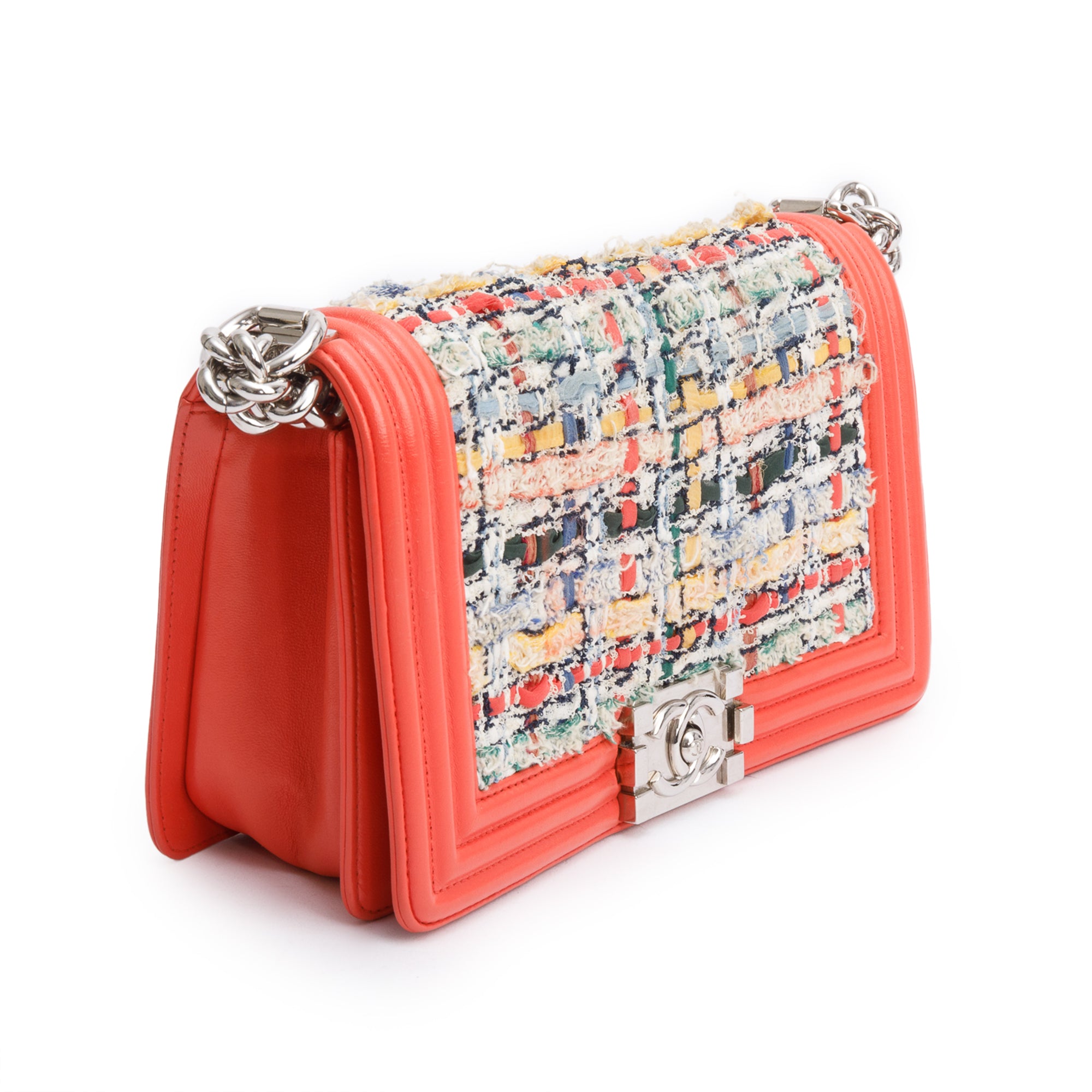 Chanel Coral Calfskin Leather Tweed Medium Boy Bag w/ Box & Authenticity Card