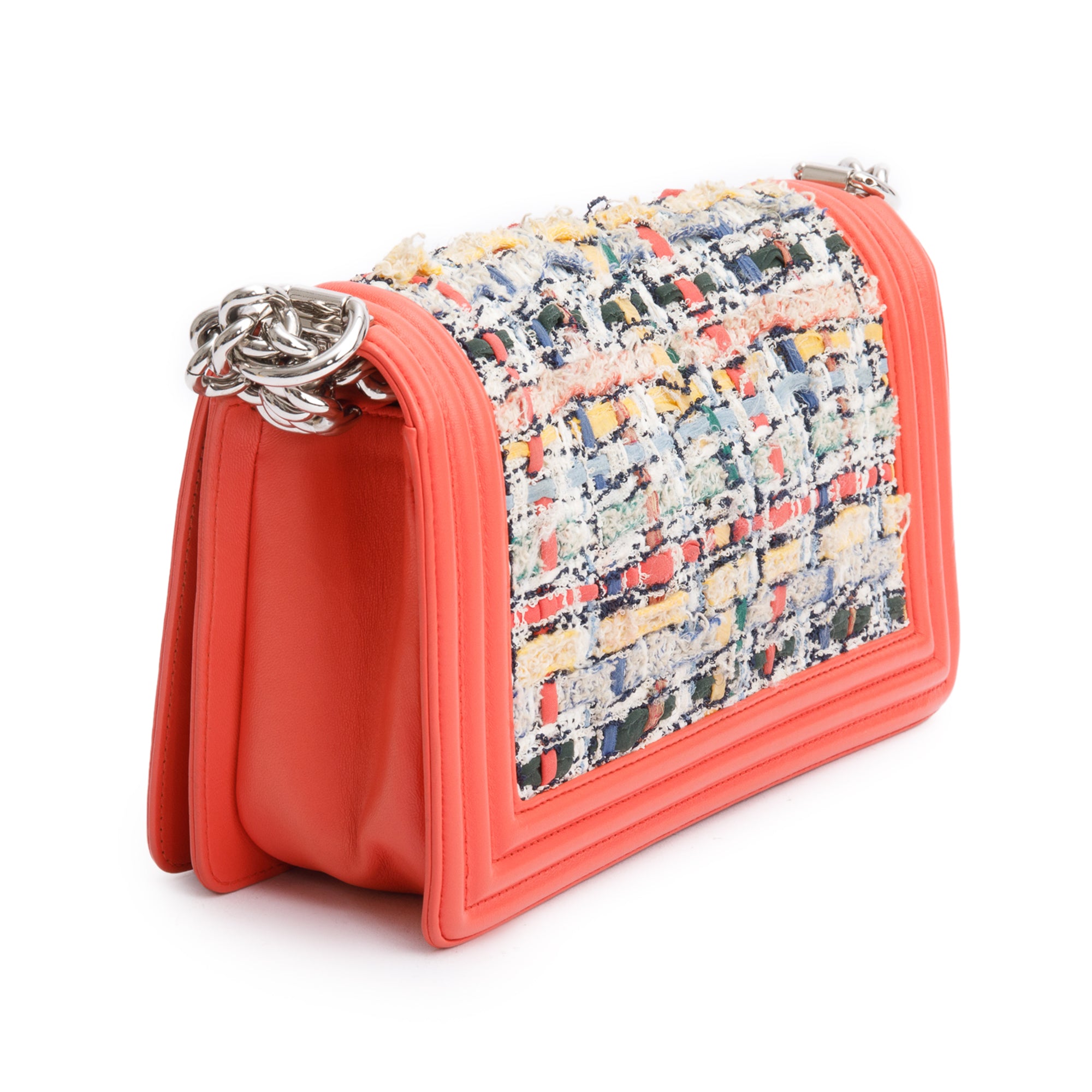 Chanel Coral Calfskin Leather Tweed Medium Boy Bag w/ Box & Authenticity Card