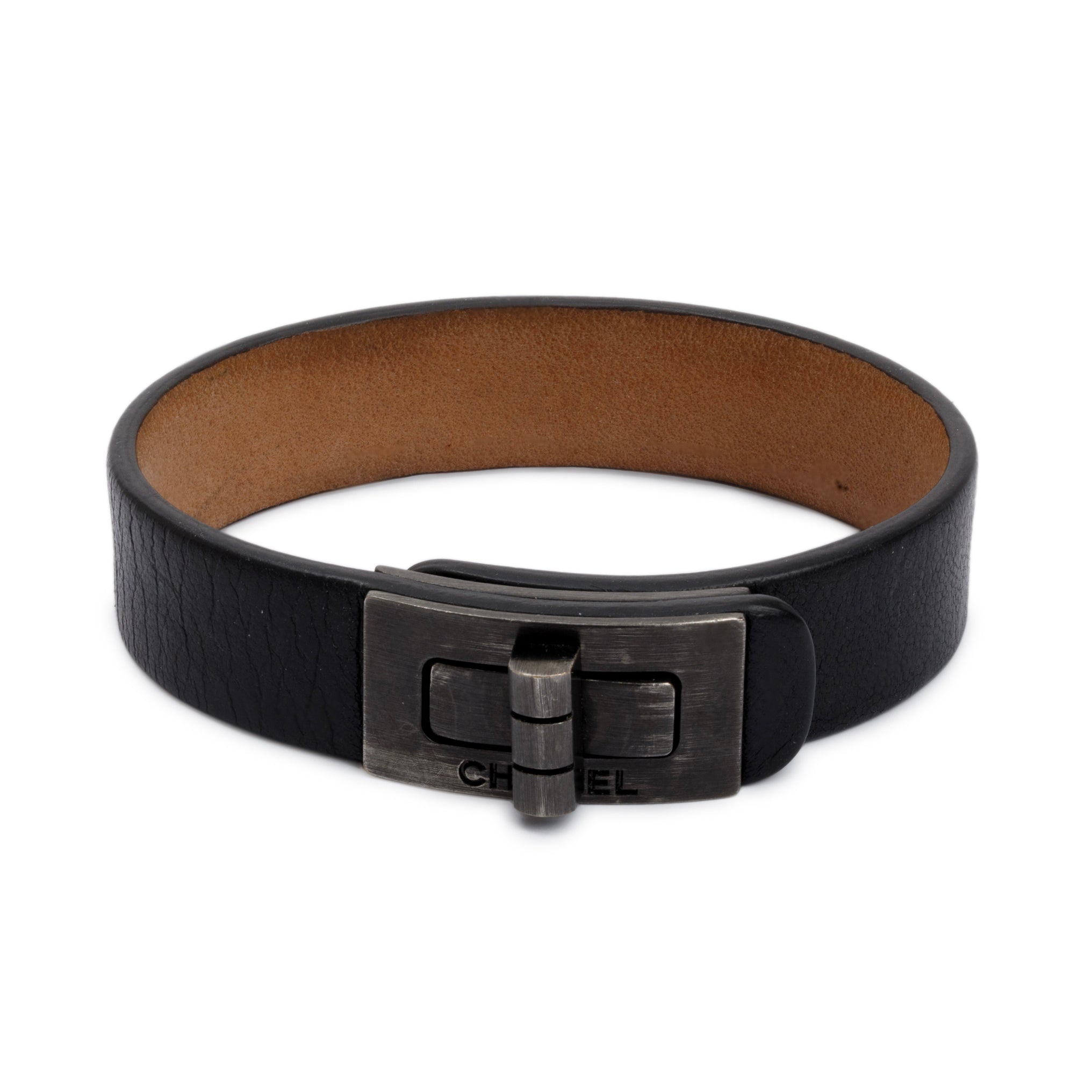 Chanel Darkened Silver-Tone Metal Black Leather Turnlock Wrap Bracelet w/ Box