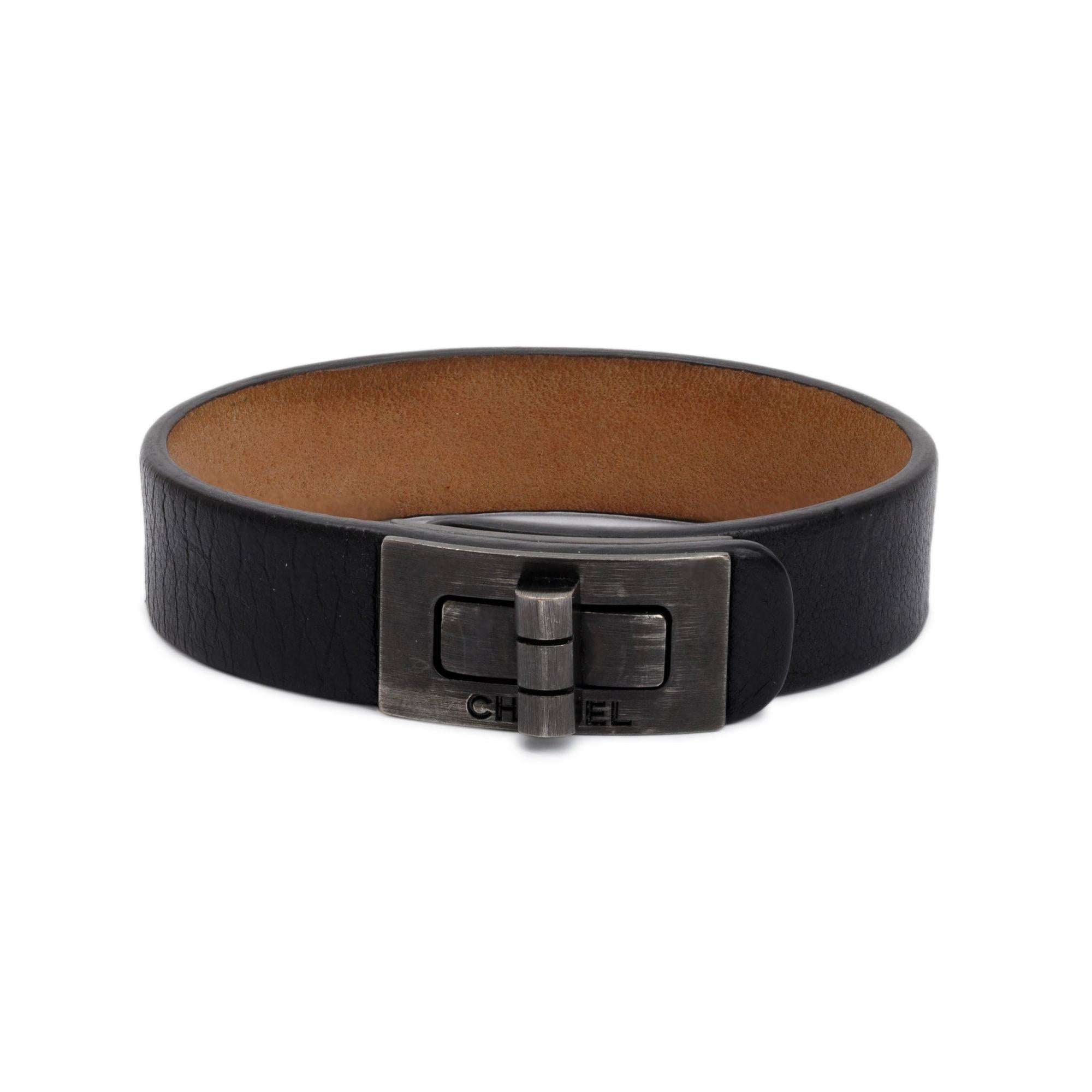 Chanel Darkened Silver-Tone Metal Black Leather Turnlock Wrap Bracelet w/ Box