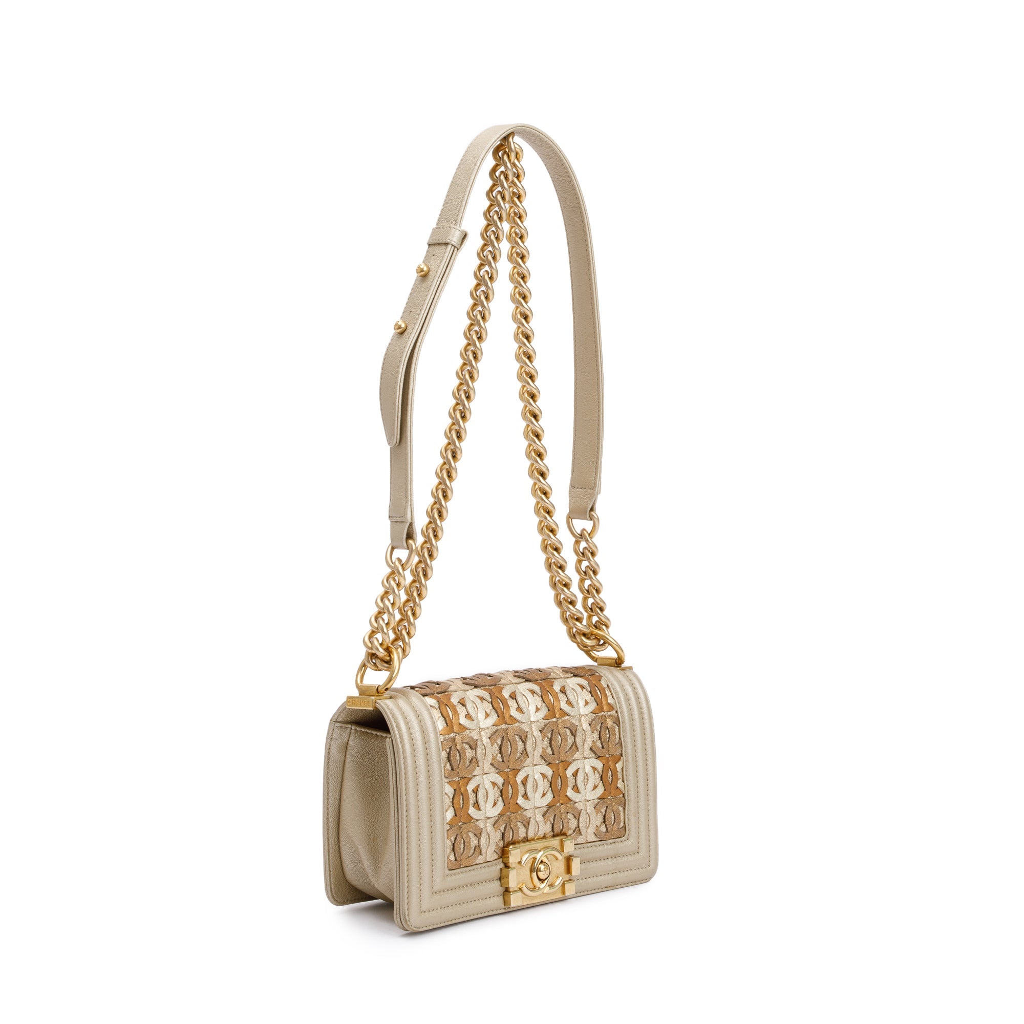Chanel Gold Metallic Lambskin Leather CC Cutout Small Boy Bag