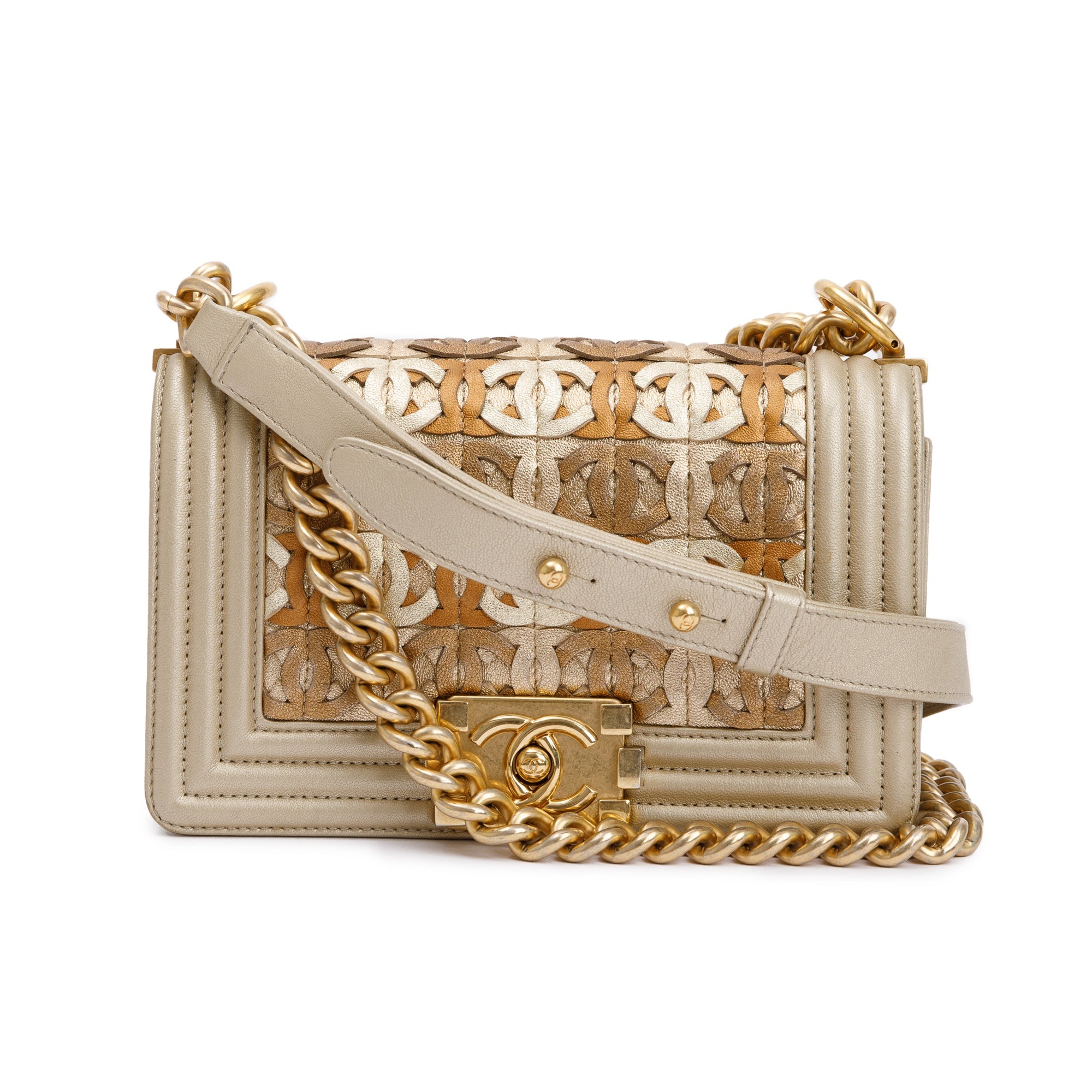 Chanel Gold Metallic Lambskin Leather CC Cutout Small Boy Bag