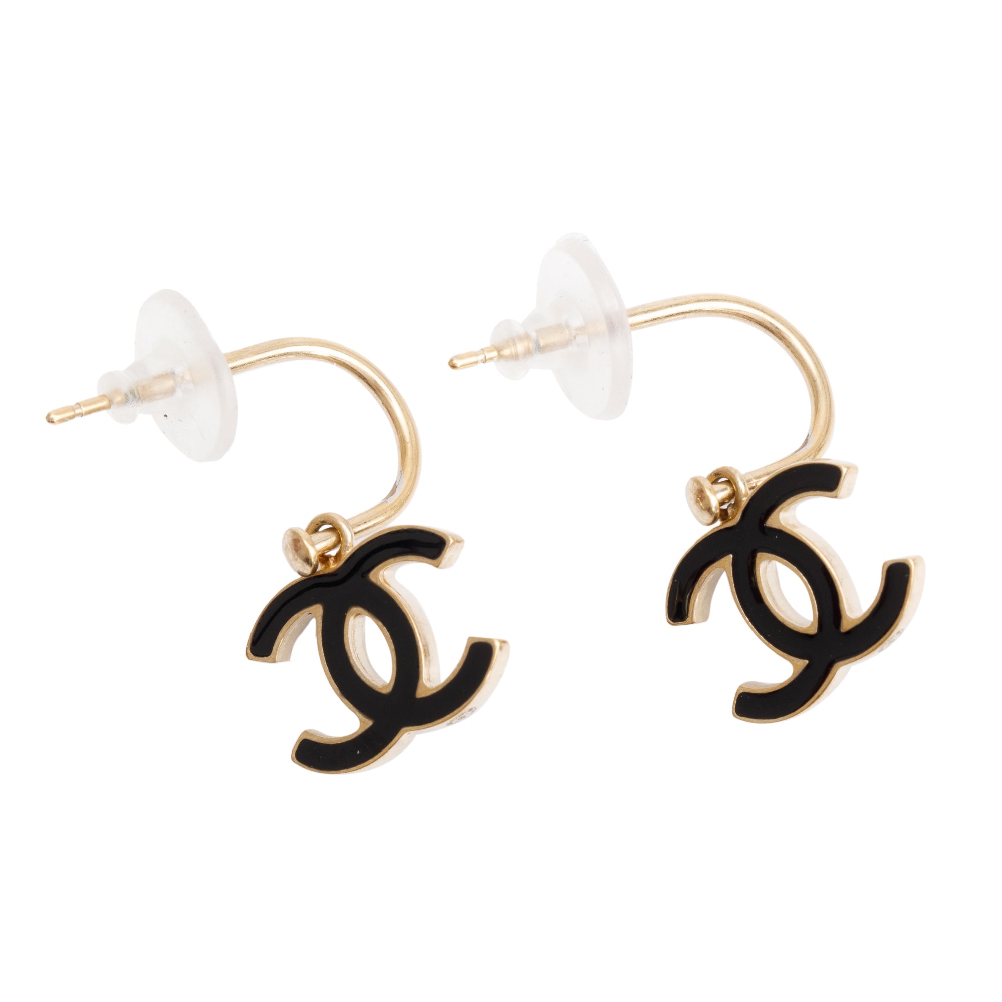 Chanel Gold Plated Black Enamel CC Drop Earrings