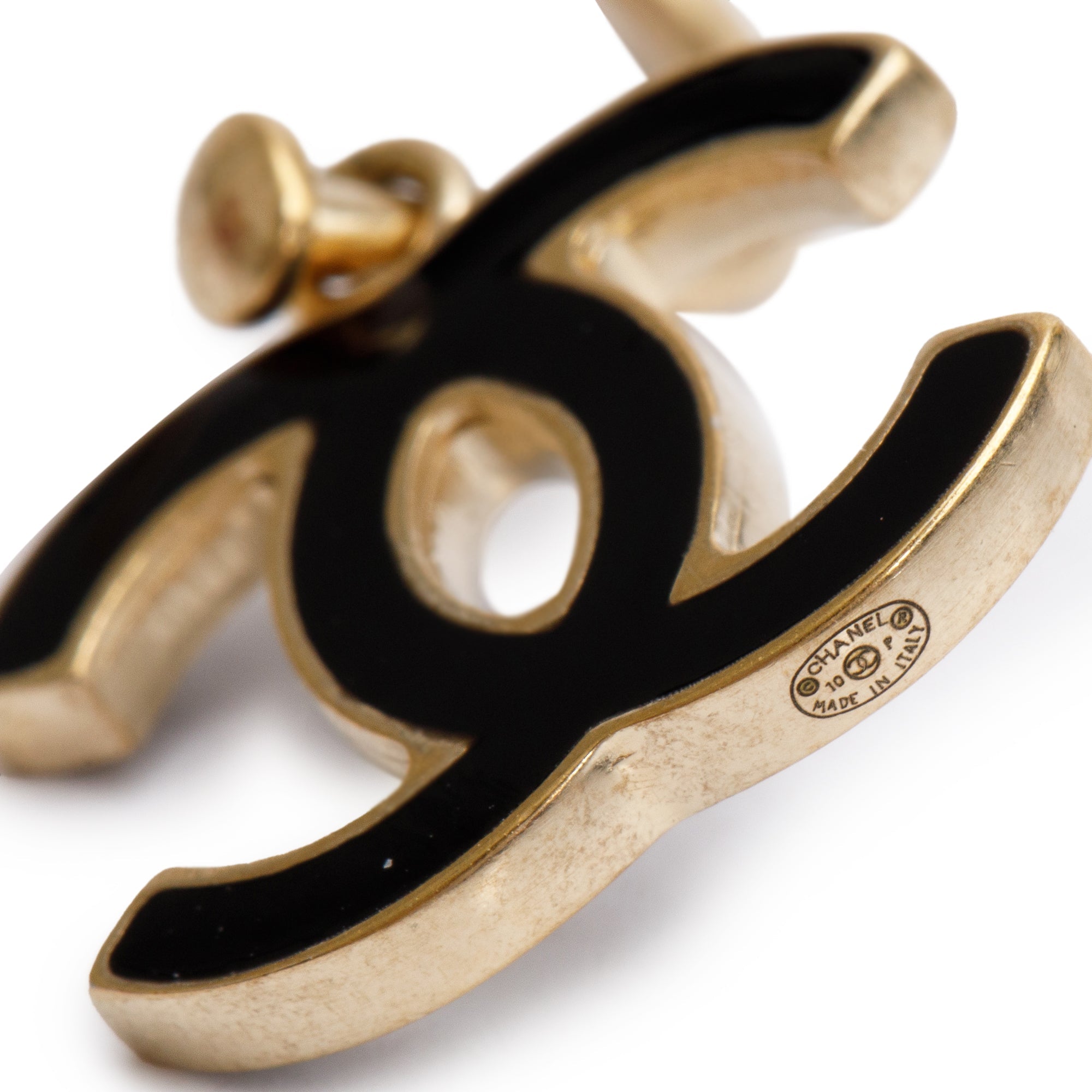 Chanel Gold Plated Black Enamel CC Drop Earrings