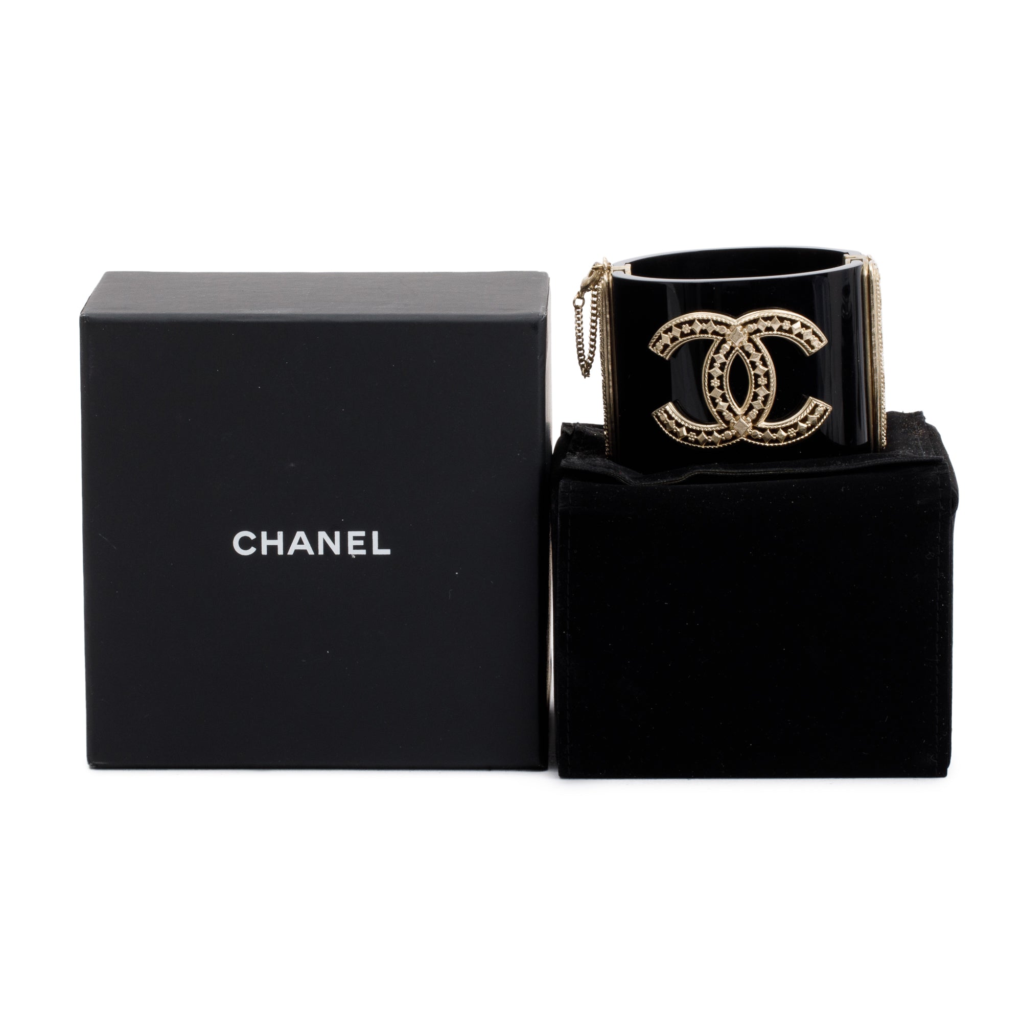 Chanel Gold Plated Black Resin CC Hinged Bangle w/ Box