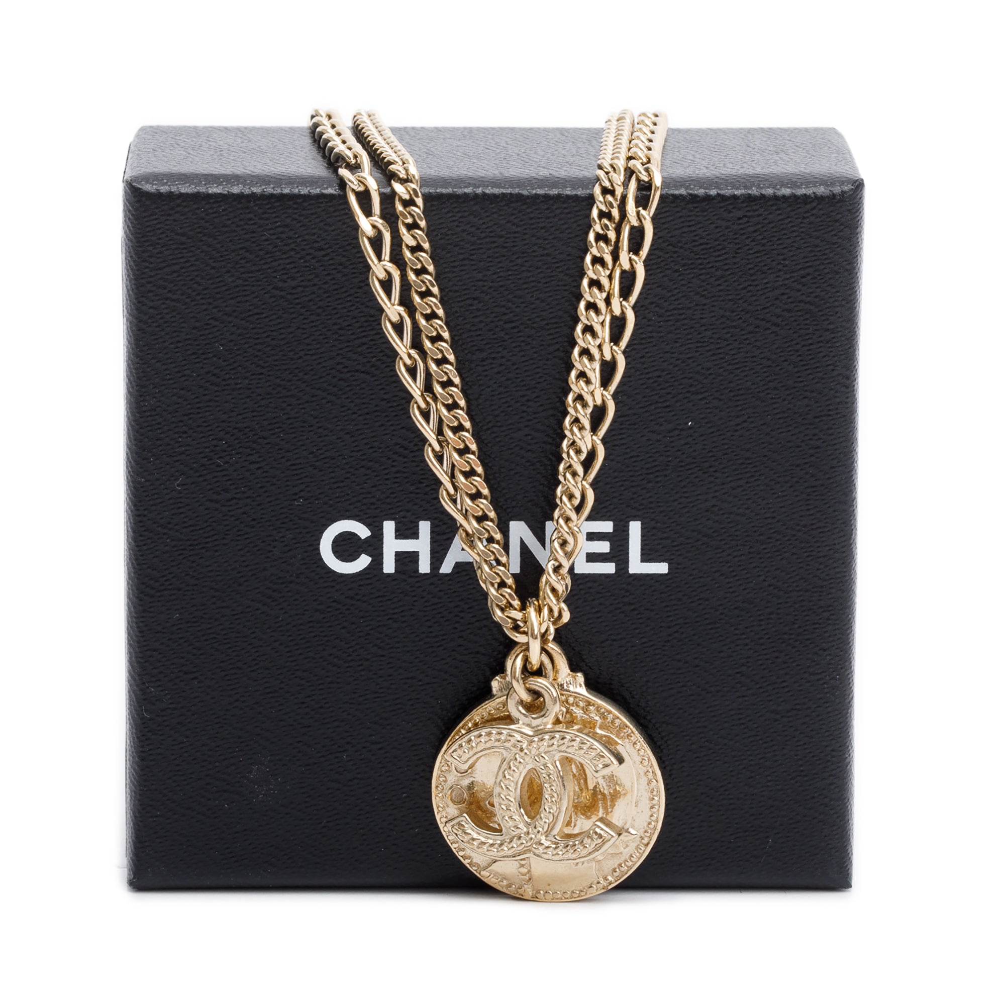 Chanel Gold-Plated CC & Coco Mademoiselle Coin Pendant Necklace w/ Box