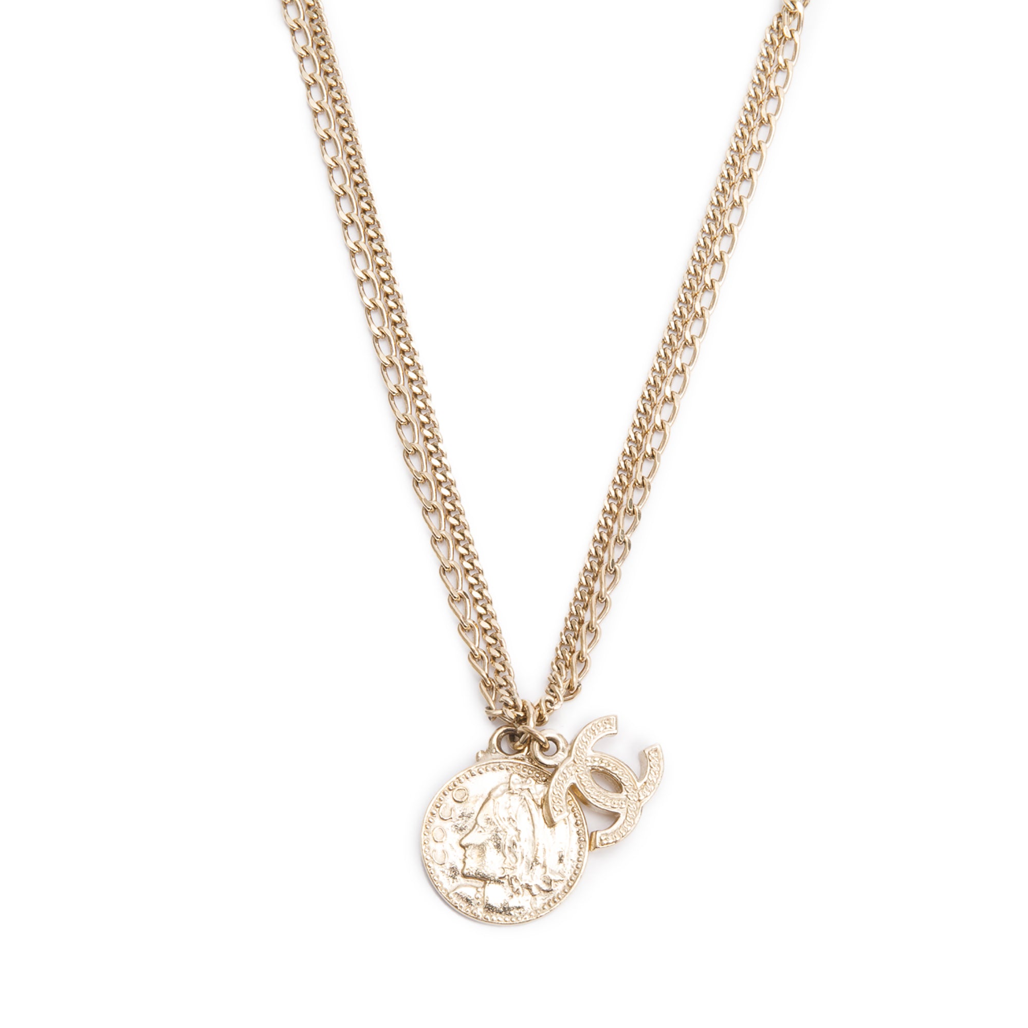 Chanel Gold-Plated CC & Coco Mademoiselle Coin Pendant Necklace w/ Box