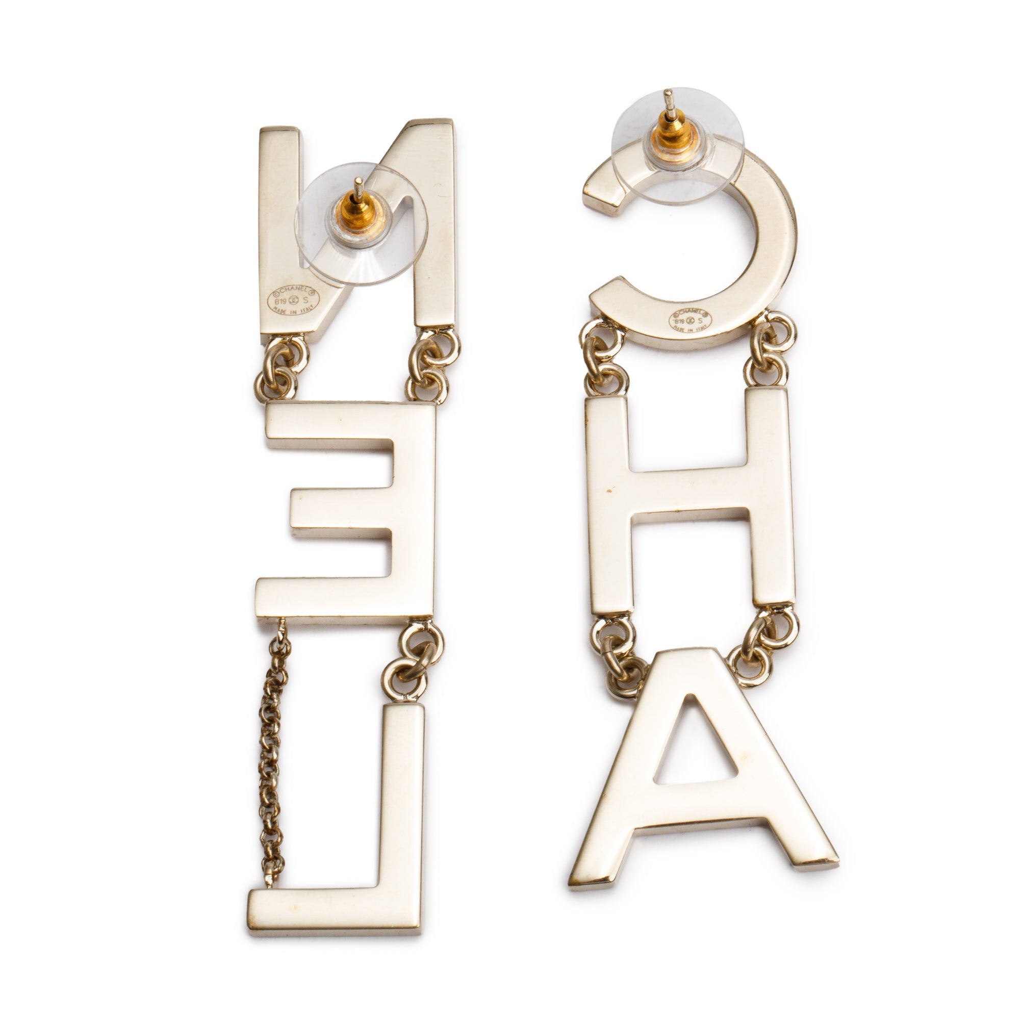 Chanel Gold Plated CHA-NEL' Drop Earrings