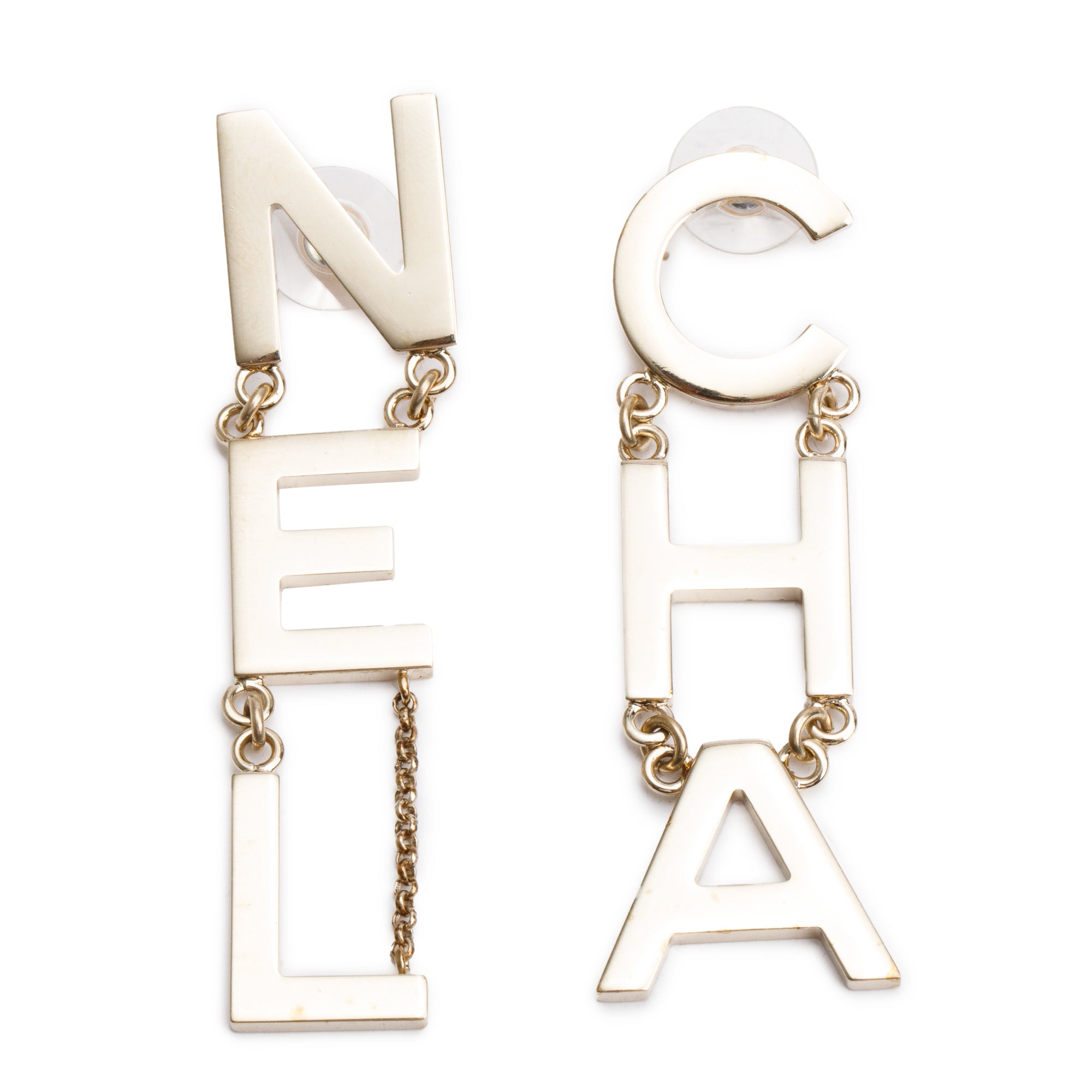 Chanel Gold Plated CHA-NEL' Drop Earrings