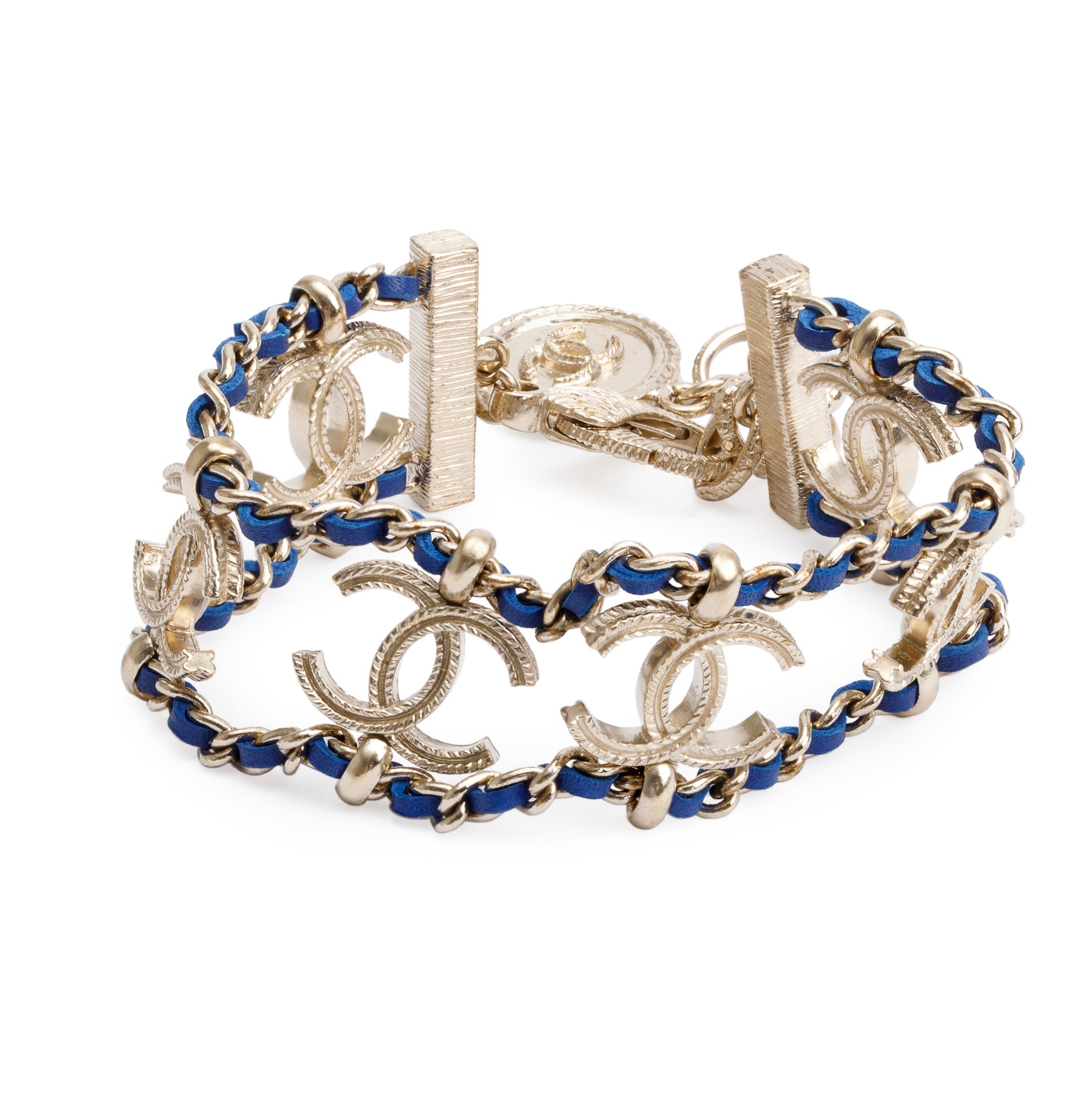 Chanel Gold Plated Chain-Link & Blue Leather CC Logo Bracelet