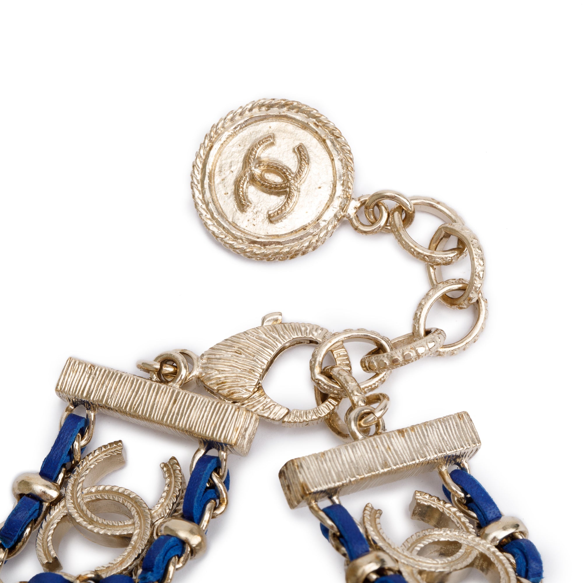 Chanel Gold Plated Chain-Link & Blue Leather CC Logo Bracelet