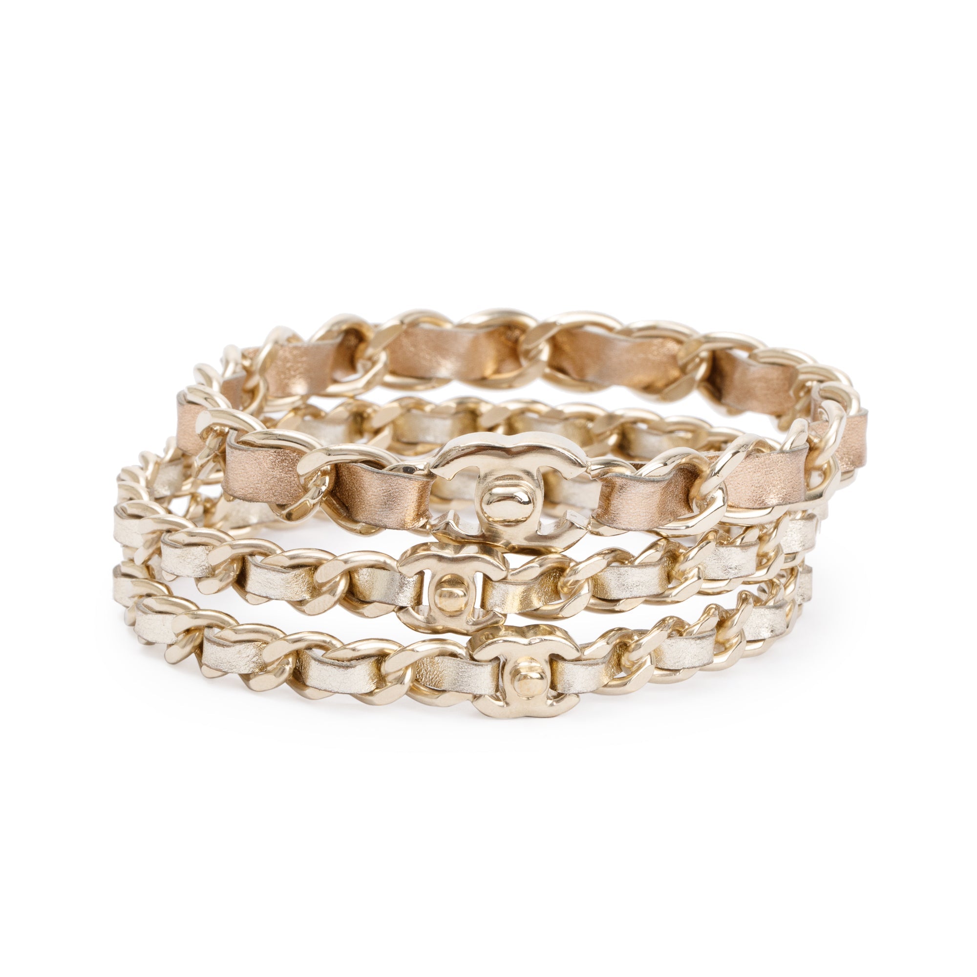 Chanel Gold Plated Chain-Link & Woven Leather Three-Piece Bangle Set