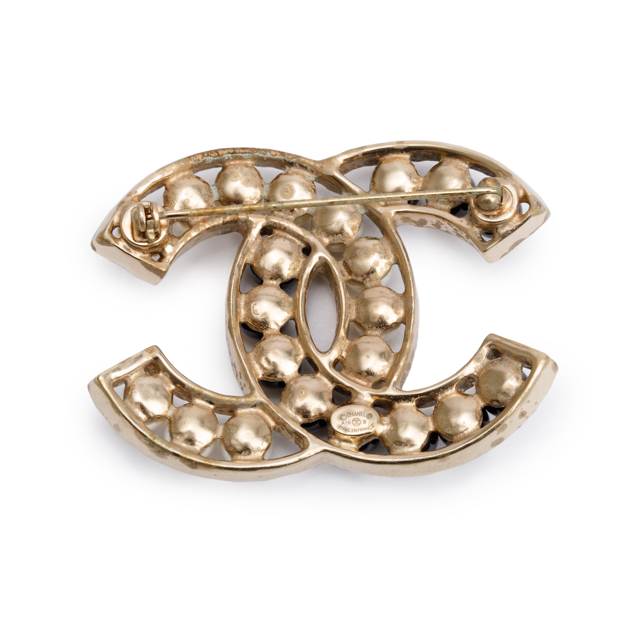 Chanel Gold Plated Faux Pearl & Black Bead CC Brooch w/ Box