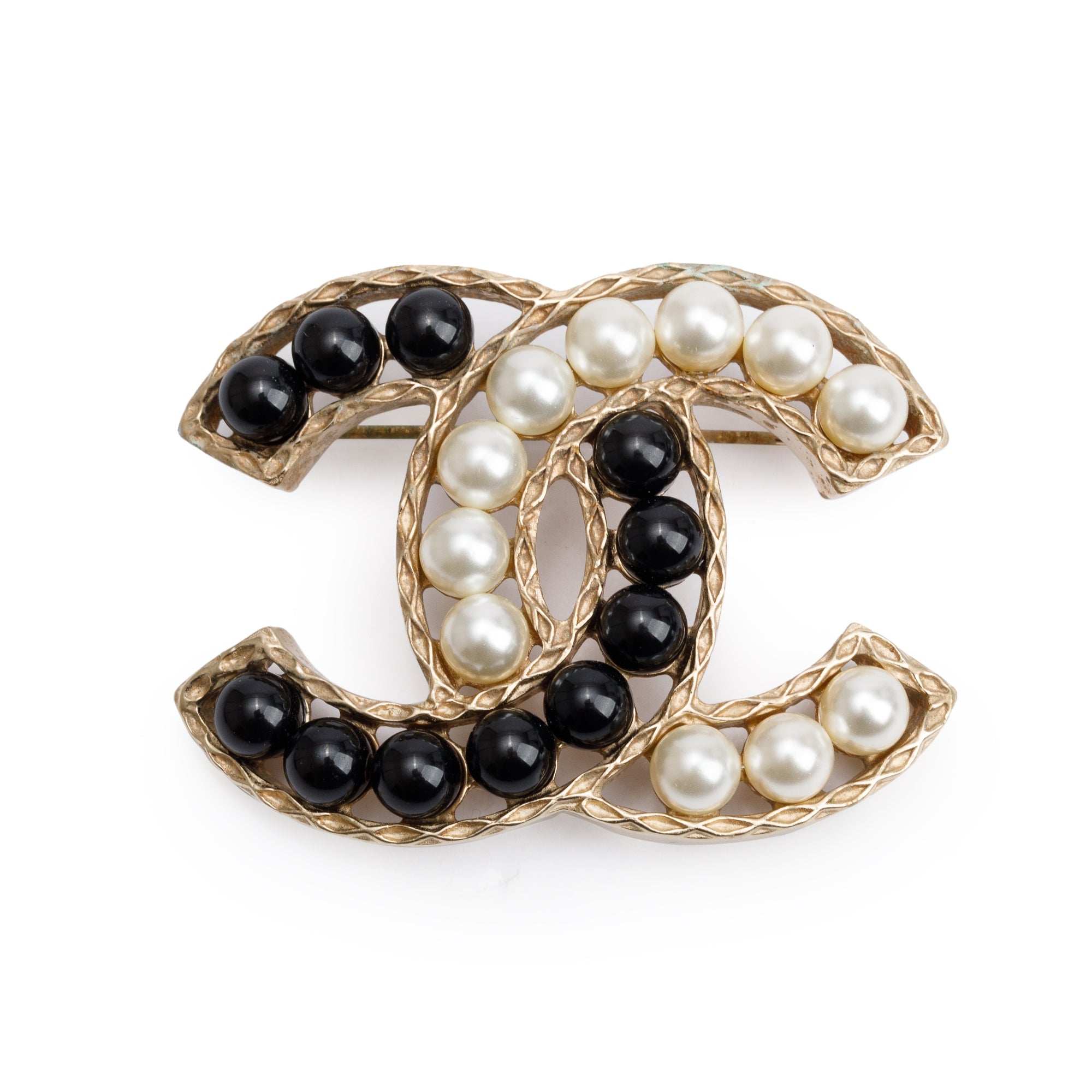 Chanel Gold Plated Faux Pearl & Black Bead CC Brooch w/ Box