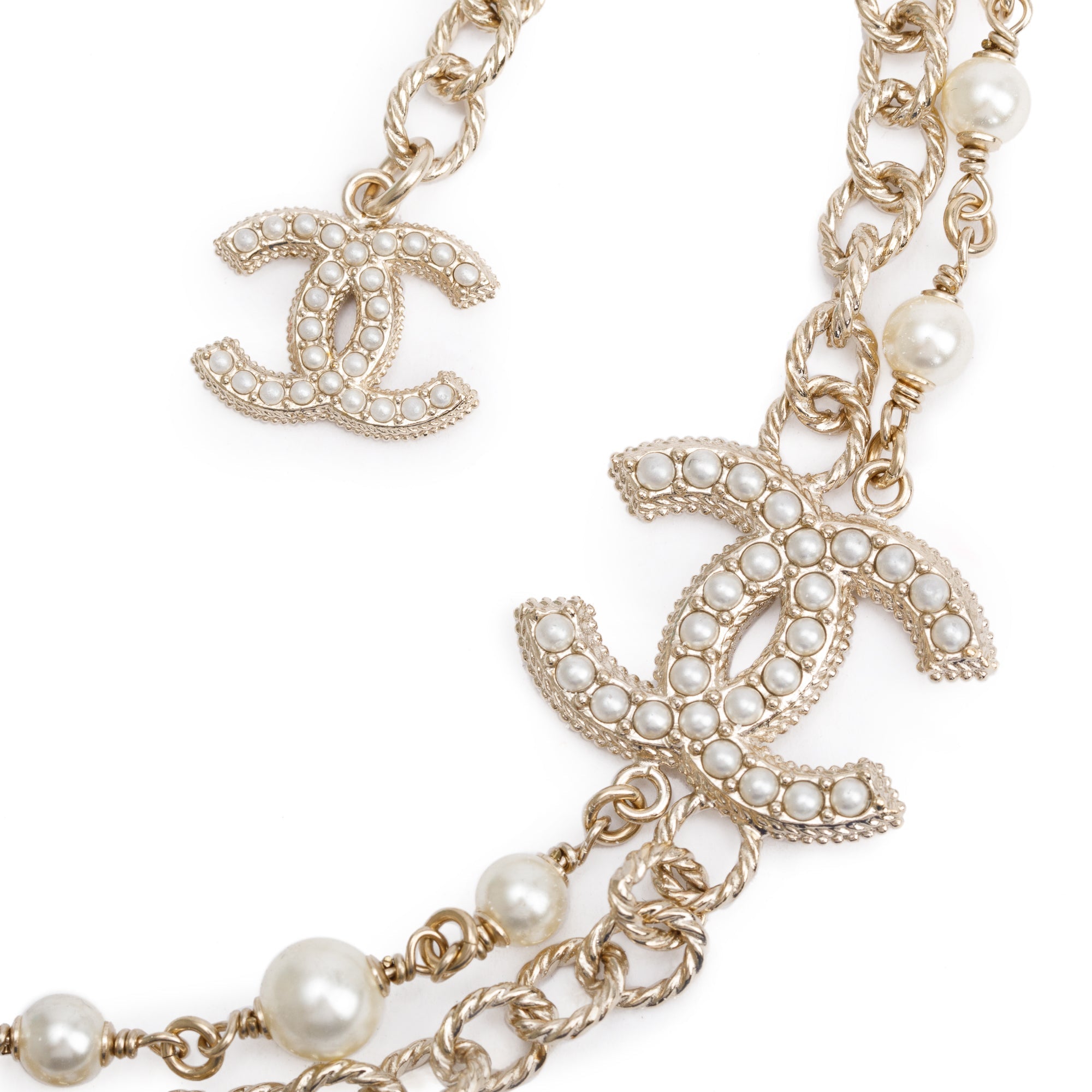 Chanel Gold Plated Faux Pearl CC Double Strand Necklace