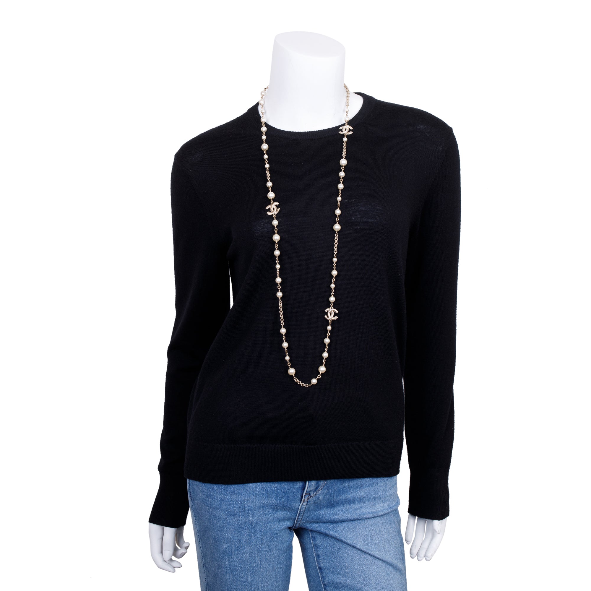 Chanel Gold Plated Faux Pearl CC Long Necklace w/ Box