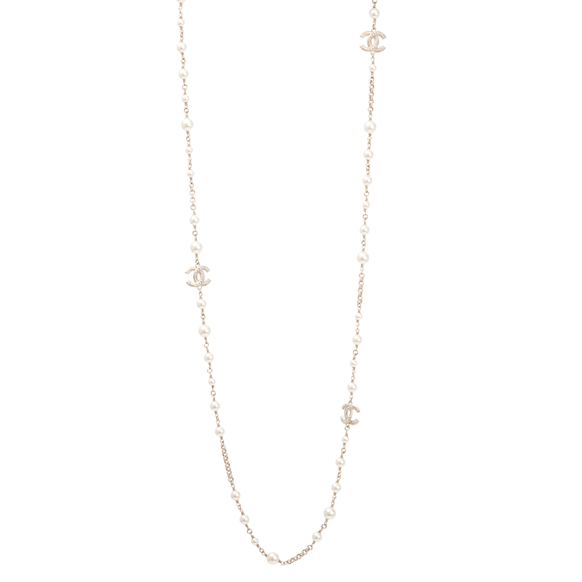 Chanel Gold Plated Faux Pearl CC Long Necklace w/ Box