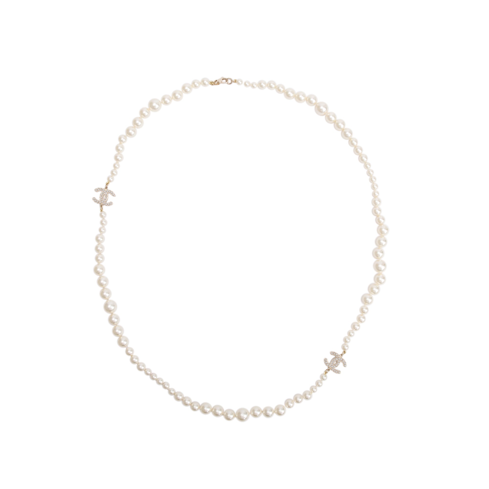 Chanel Gold-Plated Faux Pearl CC Long Strand Necklace w/ Box