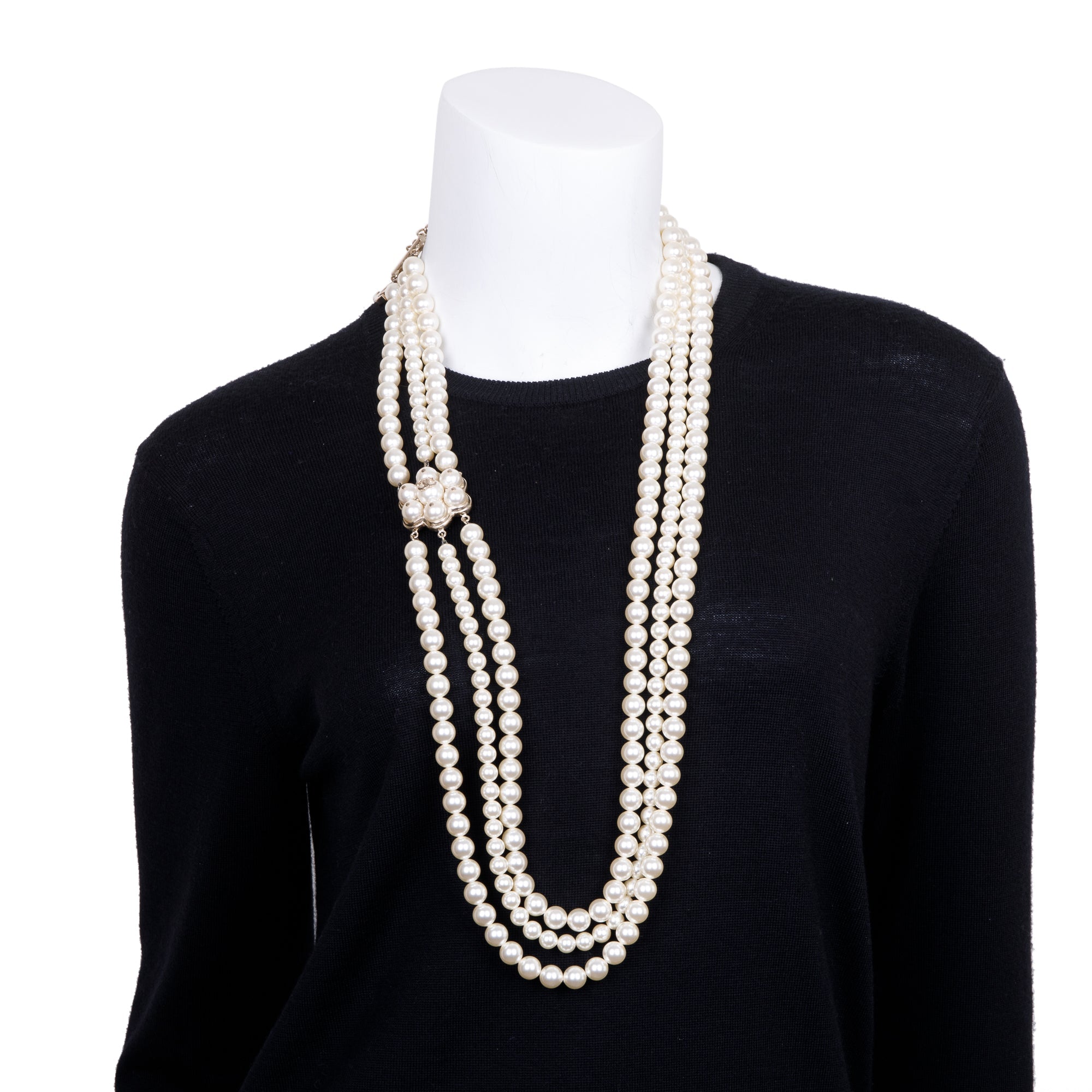 Chanel Gold Plated Faux Pearl CC Station Multi-Strand Necklace w/ Box