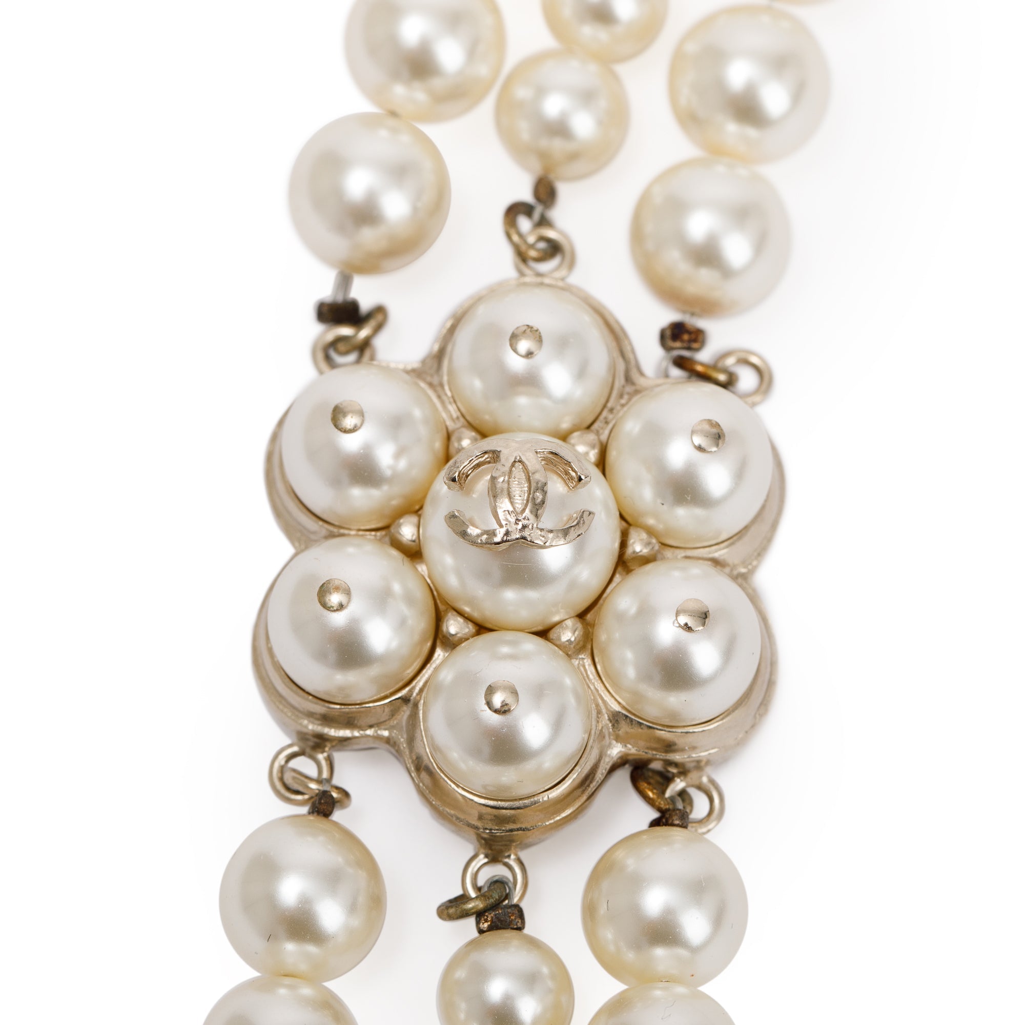 Chanel Gold Plated Faux Pearl CC Station Multi-Strand Necklace w/ Box