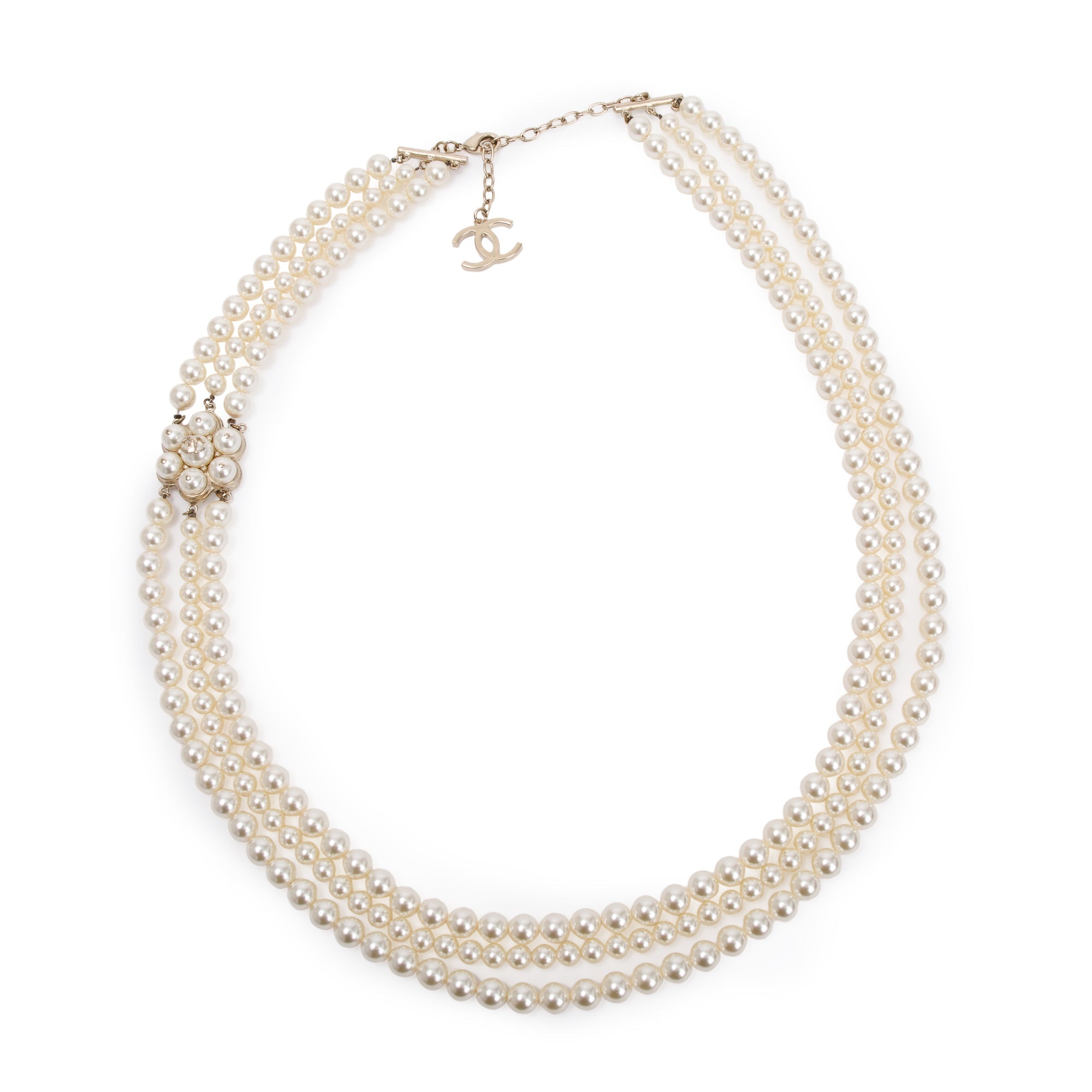 Chanel Gold Plated Faux Pearl CC Station Multi-Strand Necklace w/ Box