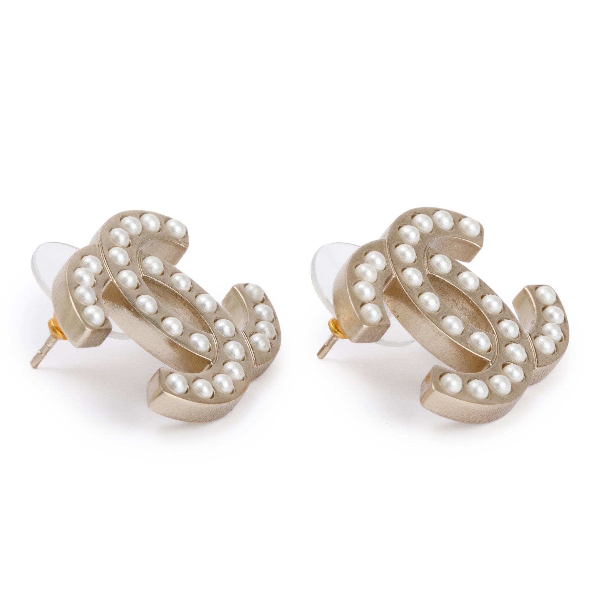 Chanel Gold Plated Faux Pearl CC Stud Earrings w/ Box