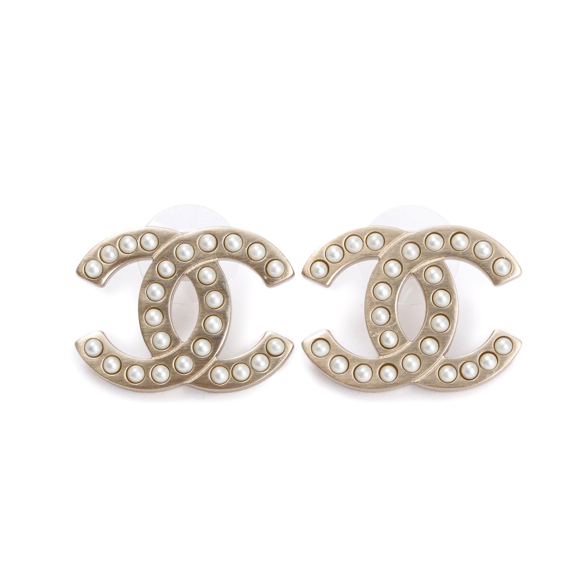 Chanel Gold Plated Faux Pearl CC Stud Earrings w/ Box