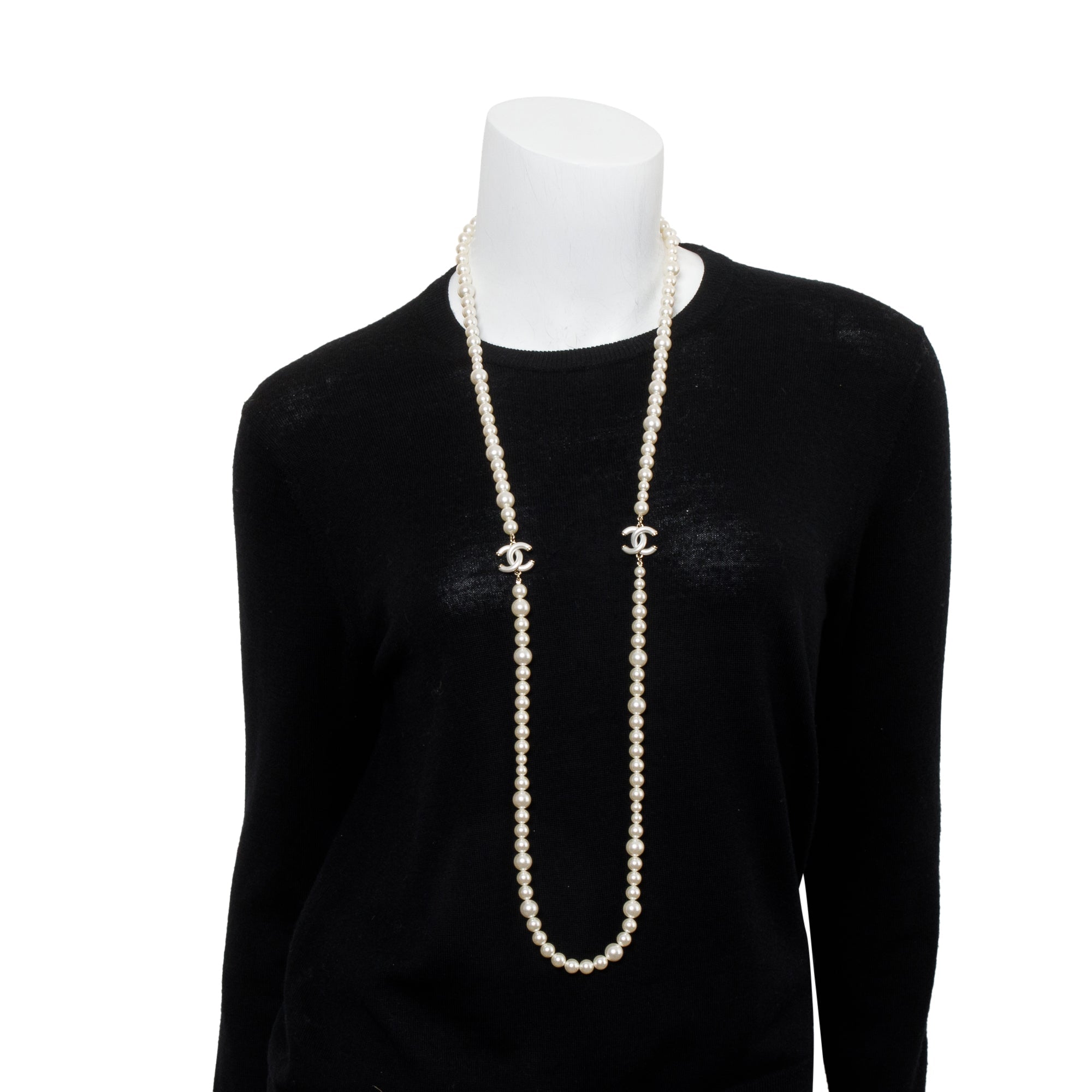 Chanel Gold Plated Faux Pearl & Enamel CC Long Necklace w/ Box