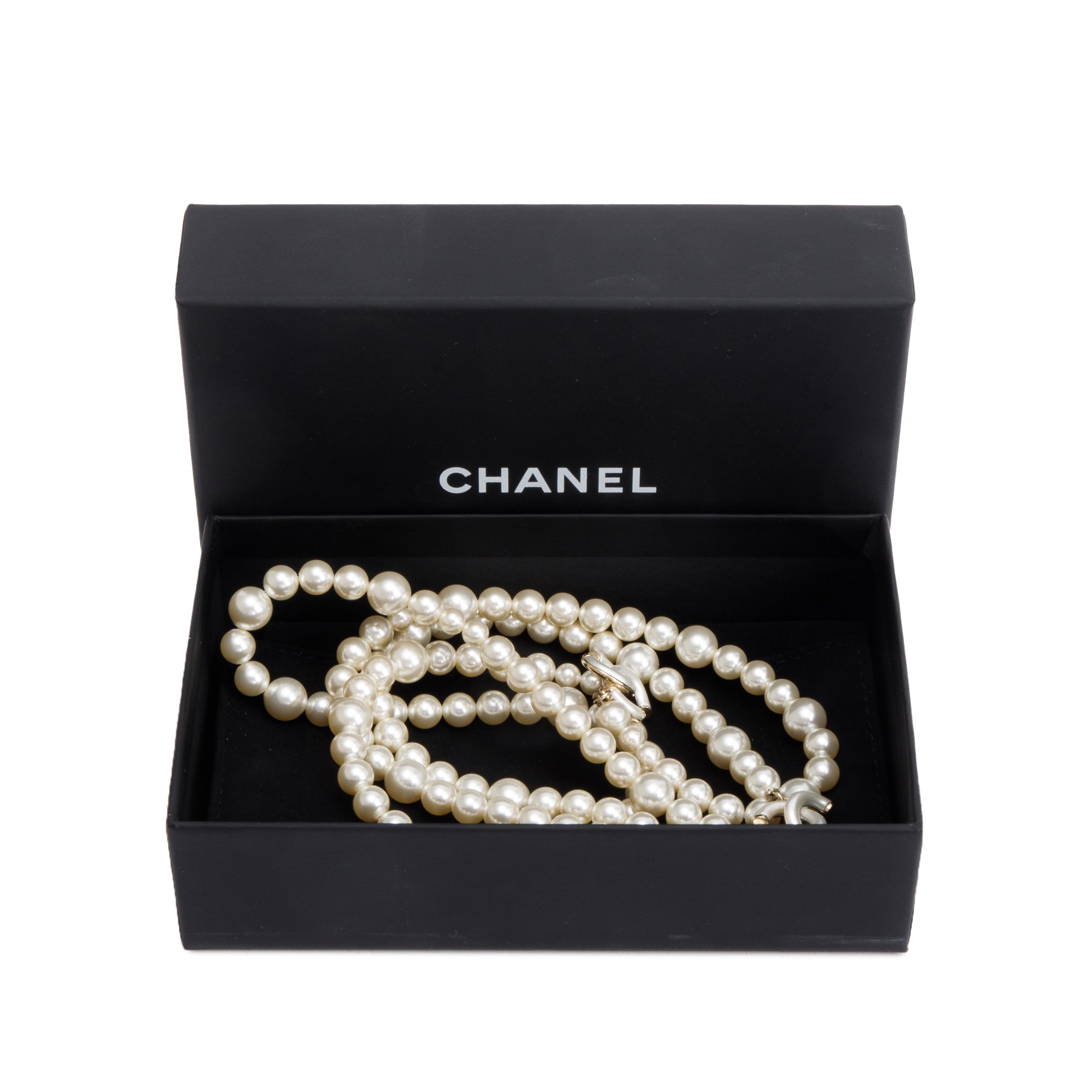 Chanel Gold Plated Faux Pearl & Enamel CC Long Necklace w/ Box