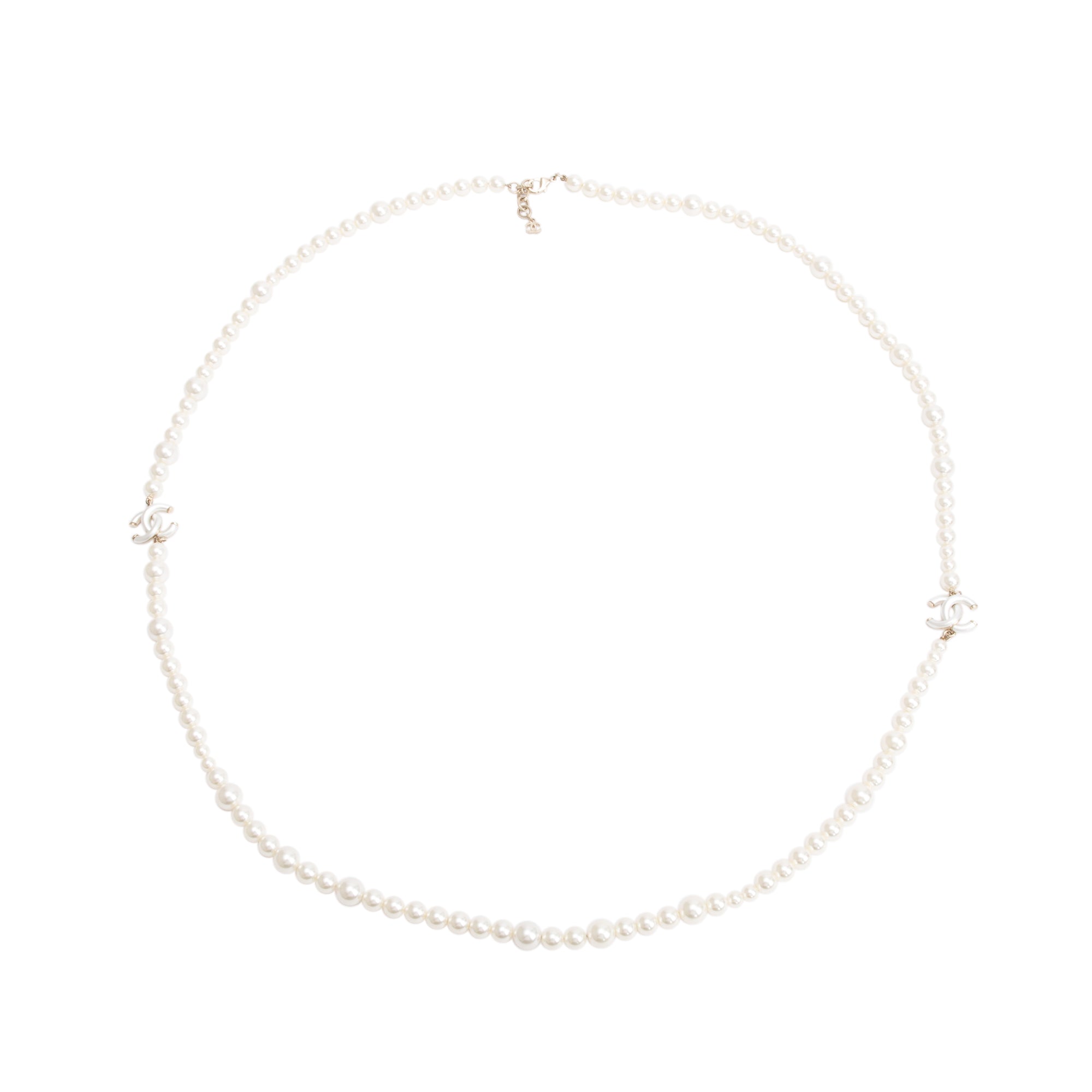 Chanel Gold Plated Faux Pearl & Enamel CC Long Necklace w/ Box