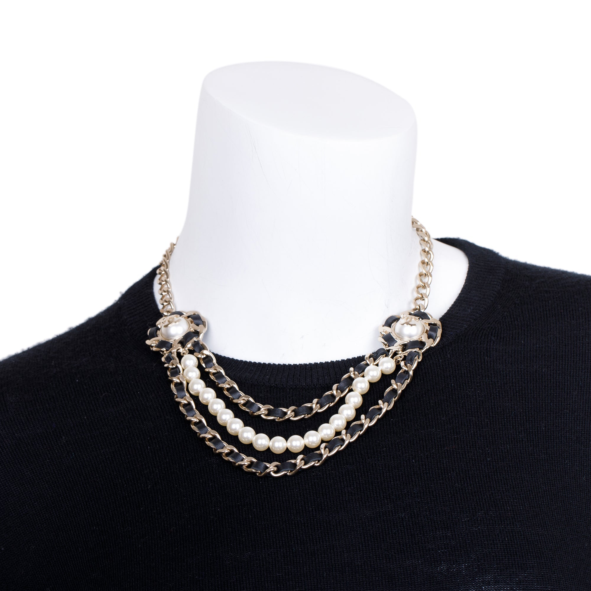 Chanel Gold Plated Faux Pearl & Leather CC Multi-Strand Necklace w/ Box