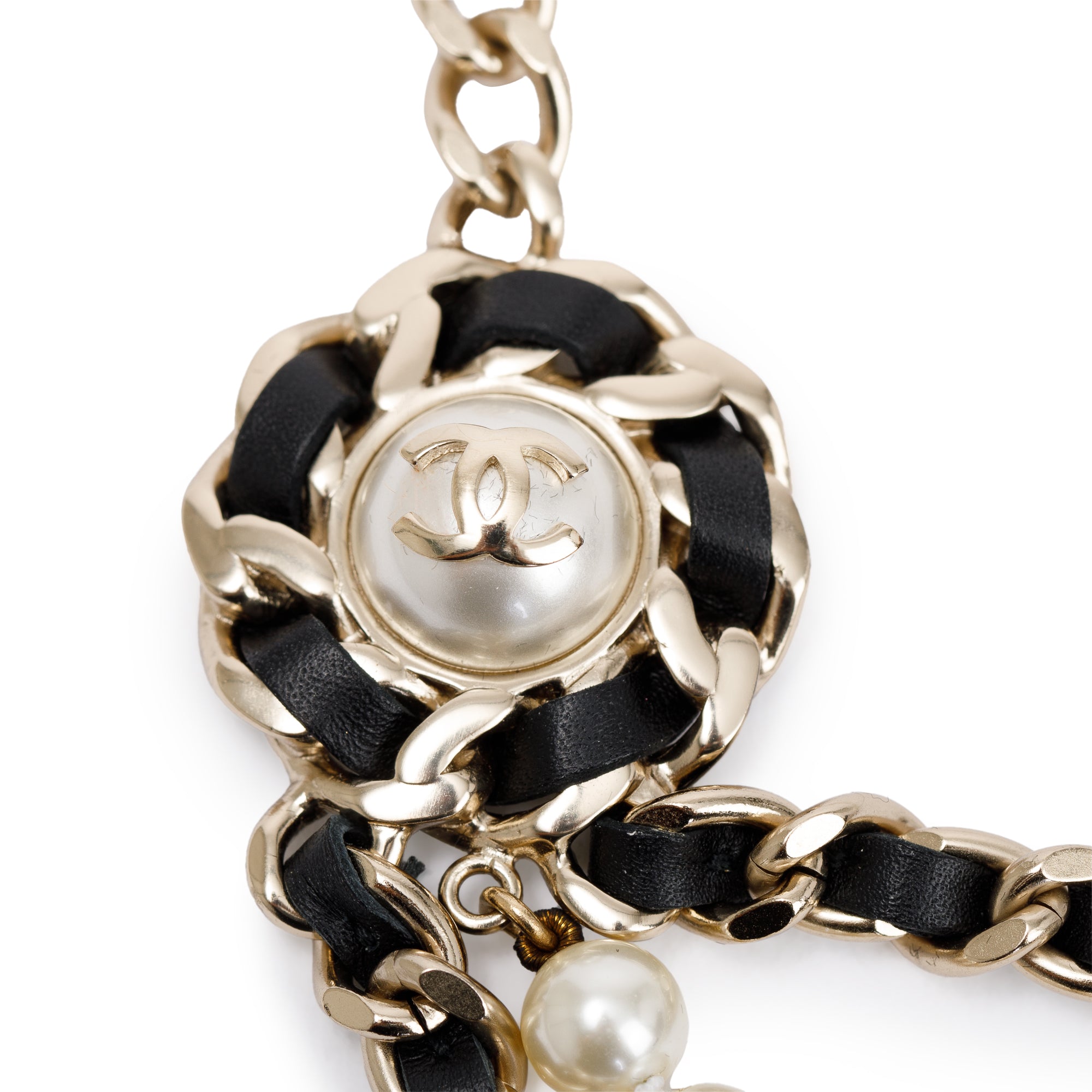 Chanel Gold Plated Faux Pearl & Leather CC Multi-Strand Necklace w/ Box