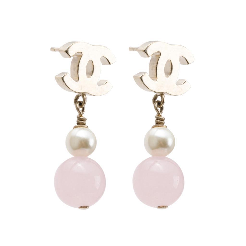 Chanel Gold Plated Faux Pearl & Pink Bead CC Drop Earrings w/ Box