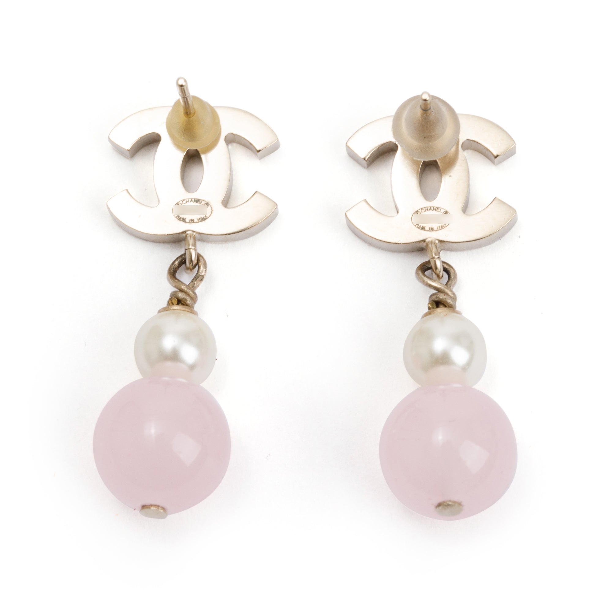 Chanel Gold Plated Faux Pearl & Pink Bead CC Drop Earrings w/ Box