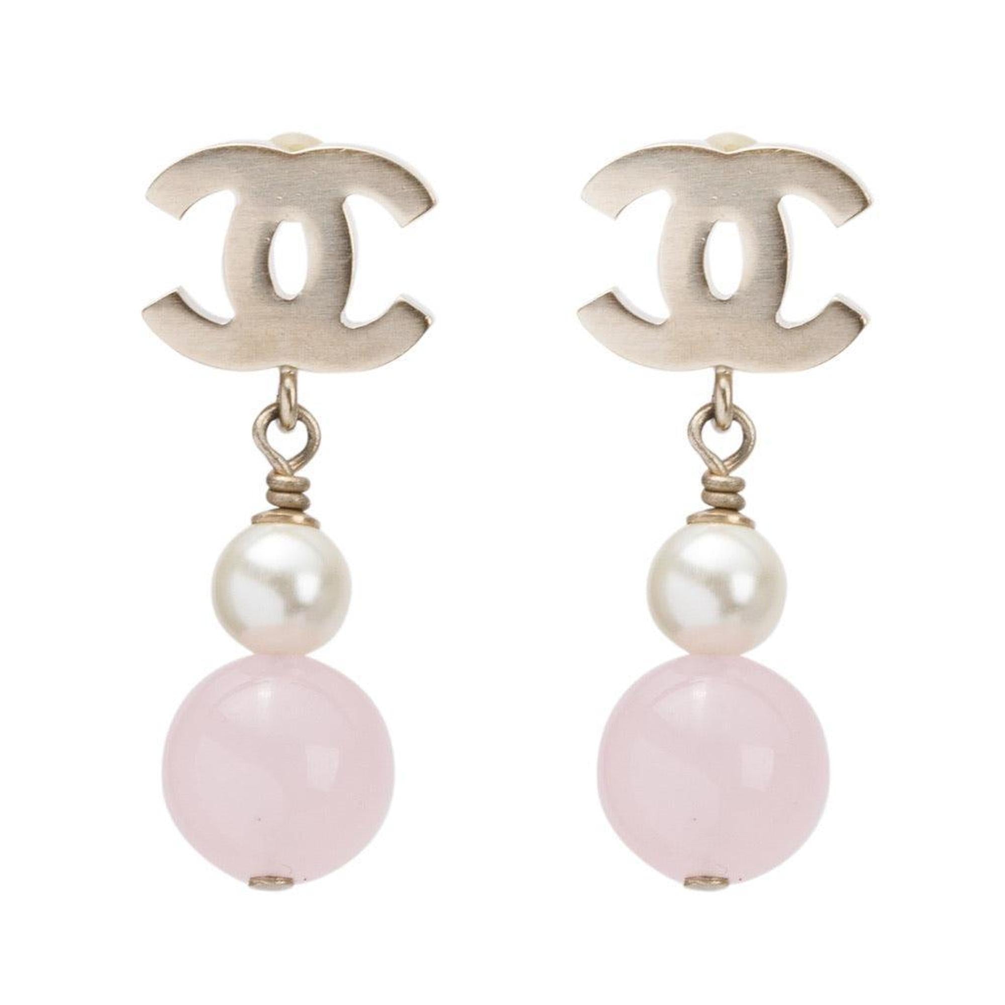 Chanel Gold Plated Faux Pearl & Pink Bead CC Drop Earrings w/ Box