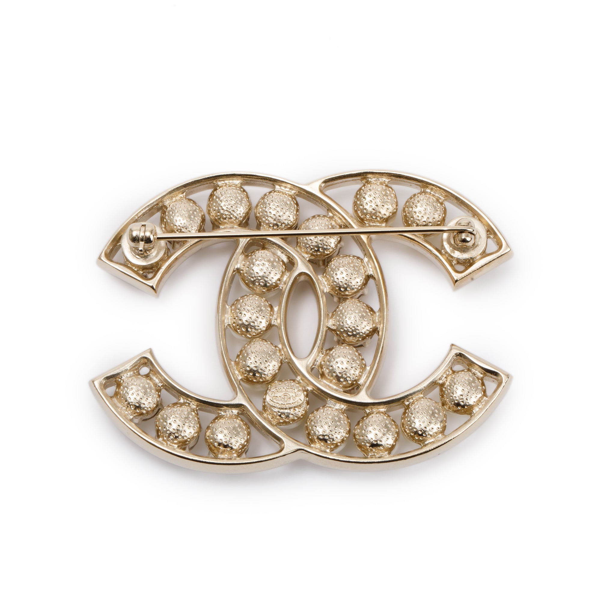 Chanel Gold Plated Faux Pearl & Strass CC Brooch w/ Box