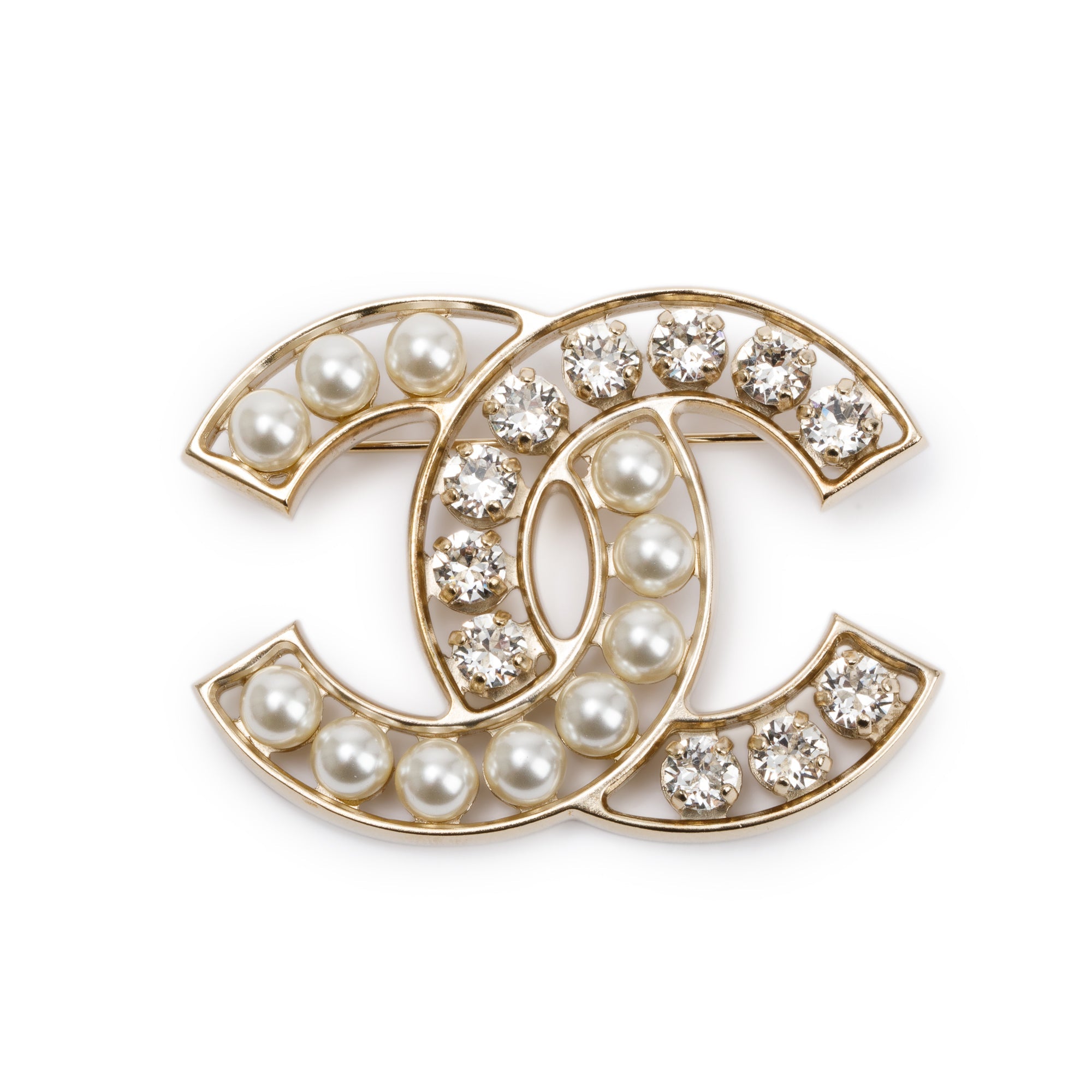 Chanel Gold Plated Faux Pearl & Strass CC Brooch w/ Box