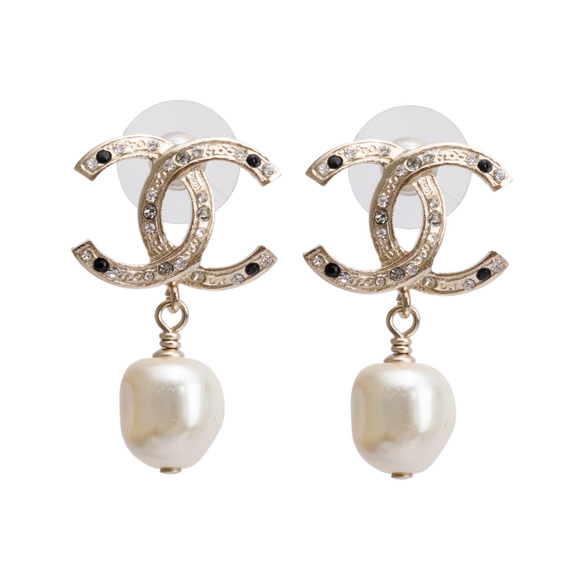 Chanel Gold Plated Faux Pearl & Strass CC Drop Earrings
