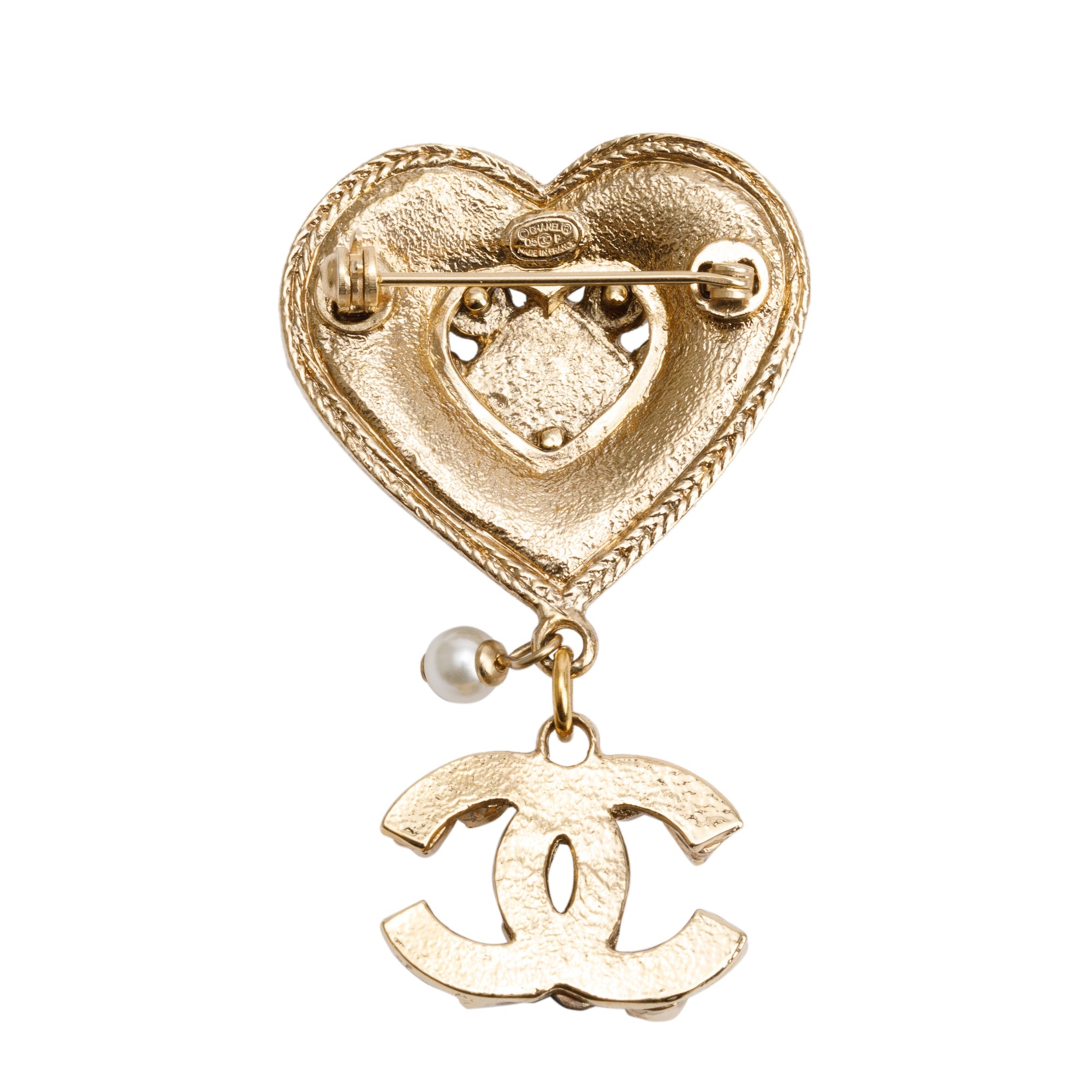 Chanel Gold Plated Faux Pearl, Strass & Enamel Heart CC Brooch